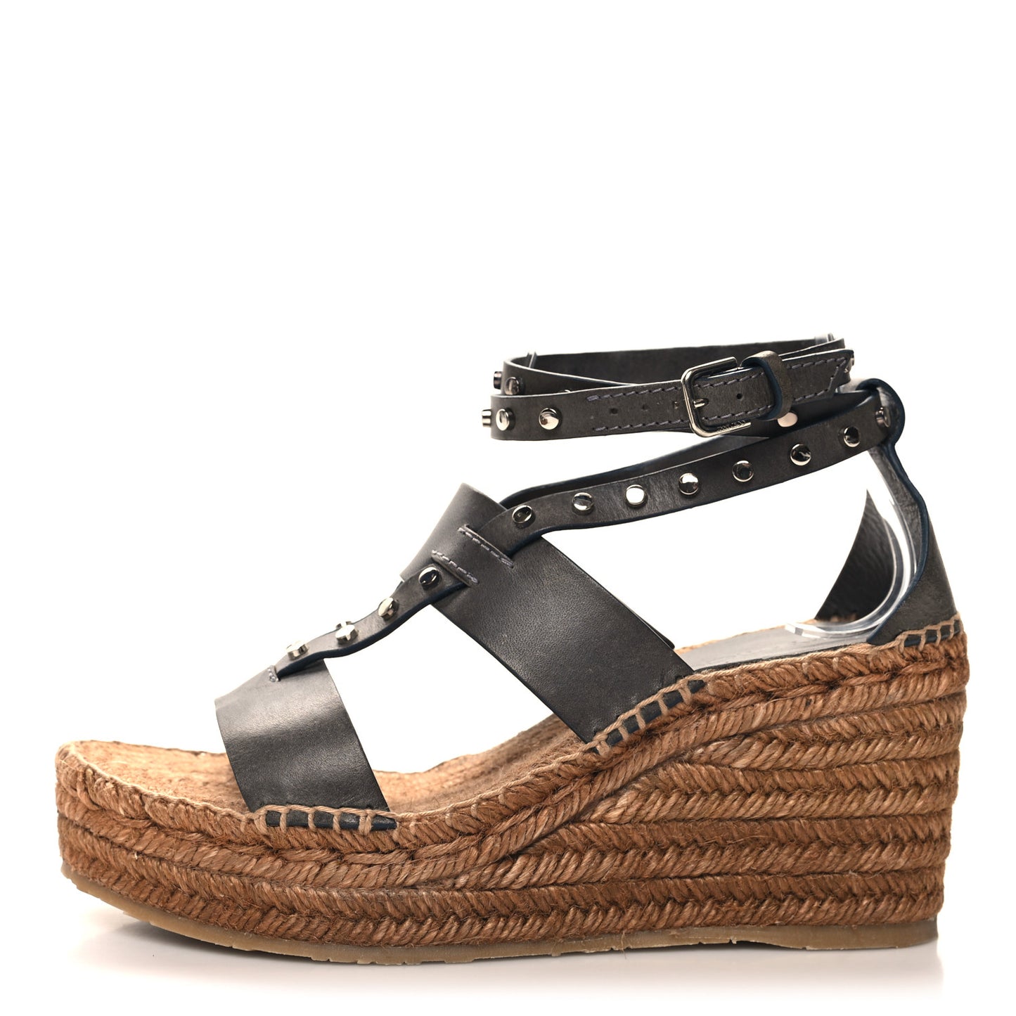 Raffia Calfskin Stud Danica 80mm Wedge Sandals 37 Grey