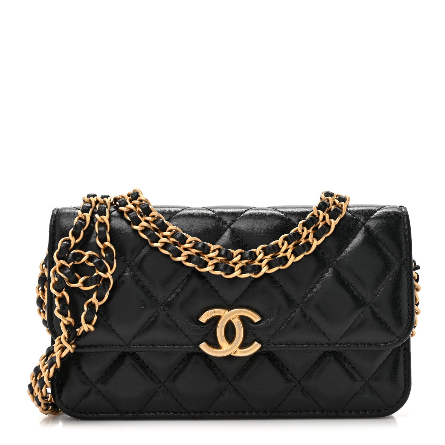 Lambskin Quilted CC Logo Flap Phone Holder With Chain Black