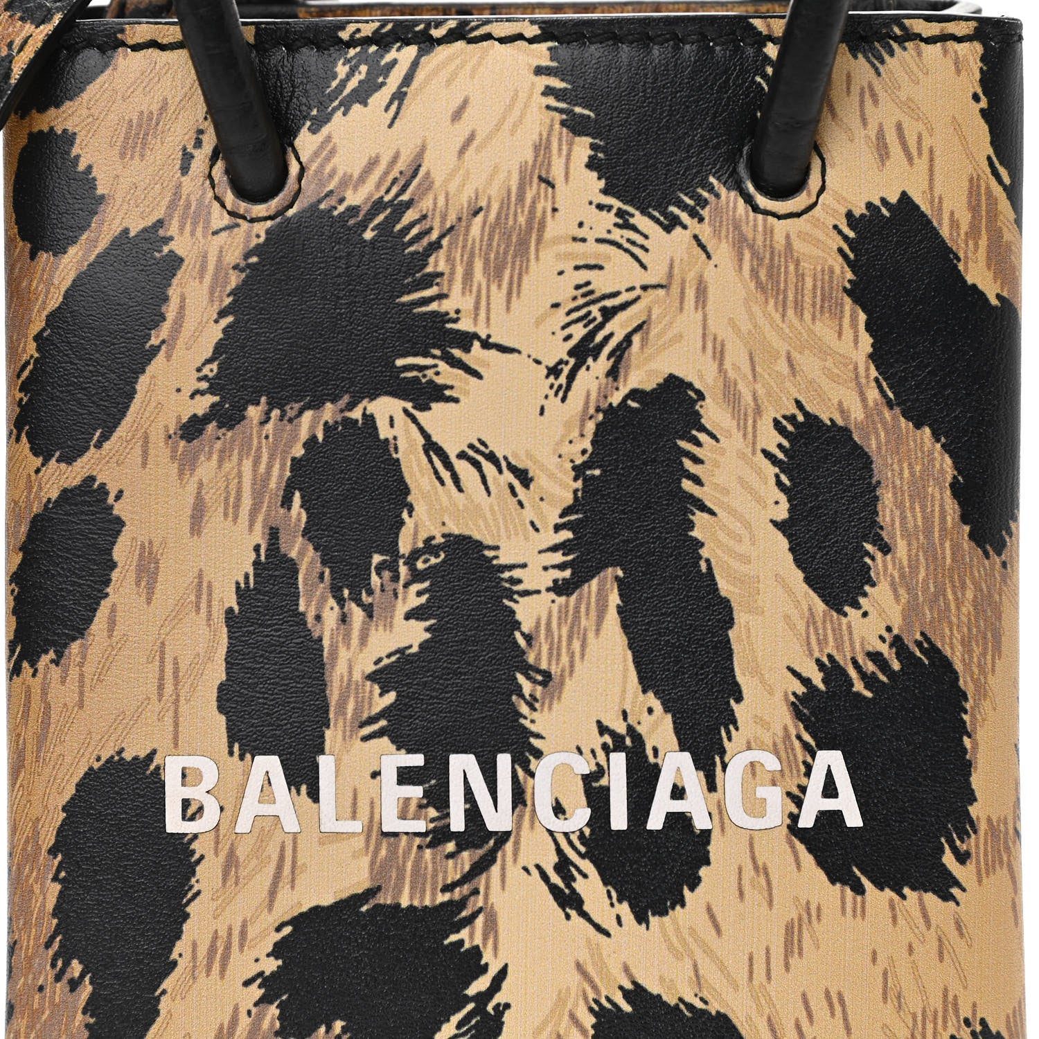 Balenciaga Smooth Calfskin Leopard Print Logo Shopping Phone Holder Bag Beige Black 6 of 8