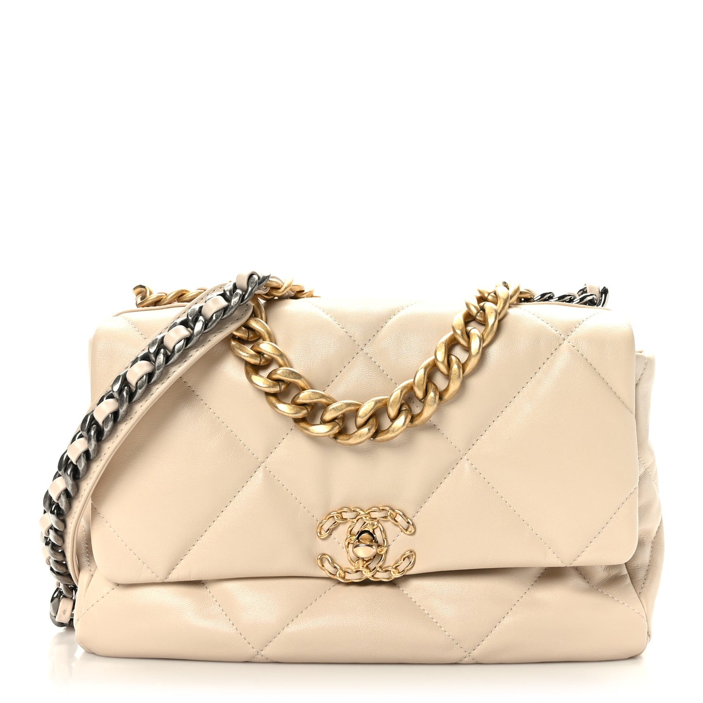 Goatskin Quilted Large Chanel 19 Flap Light Beige