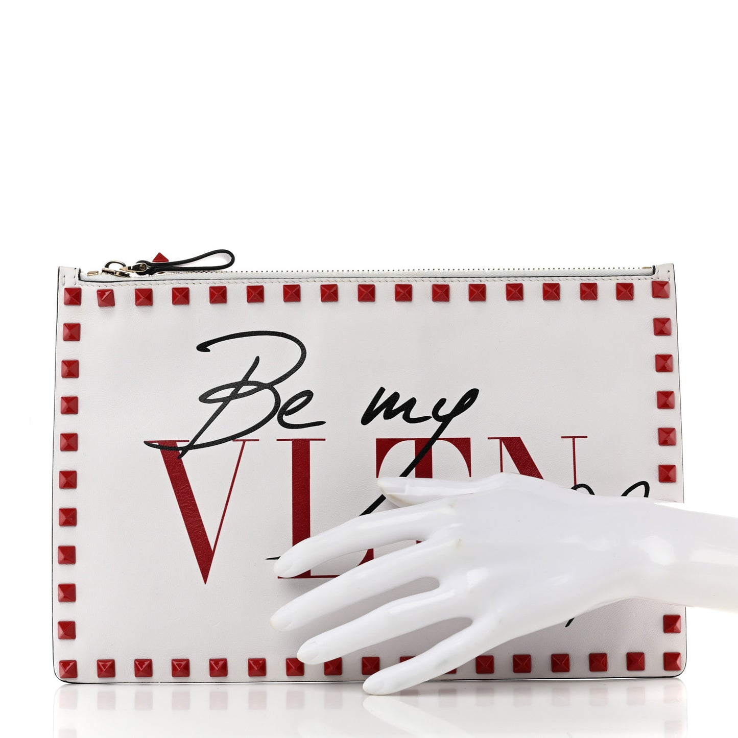 Rockstud Calfskin Be My VLTN Large Flat Zip Pouch White