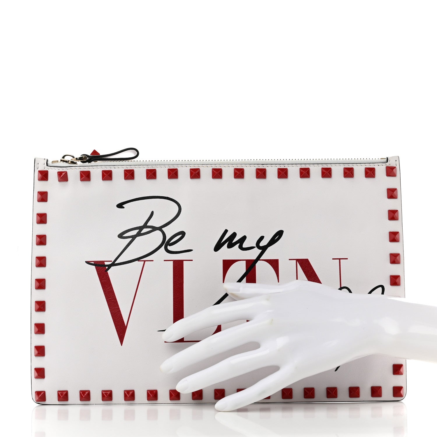 Valentino Garavani Rockstud Calfskin Be My VLTN Large Flat Zip Pouch White 2 of 6