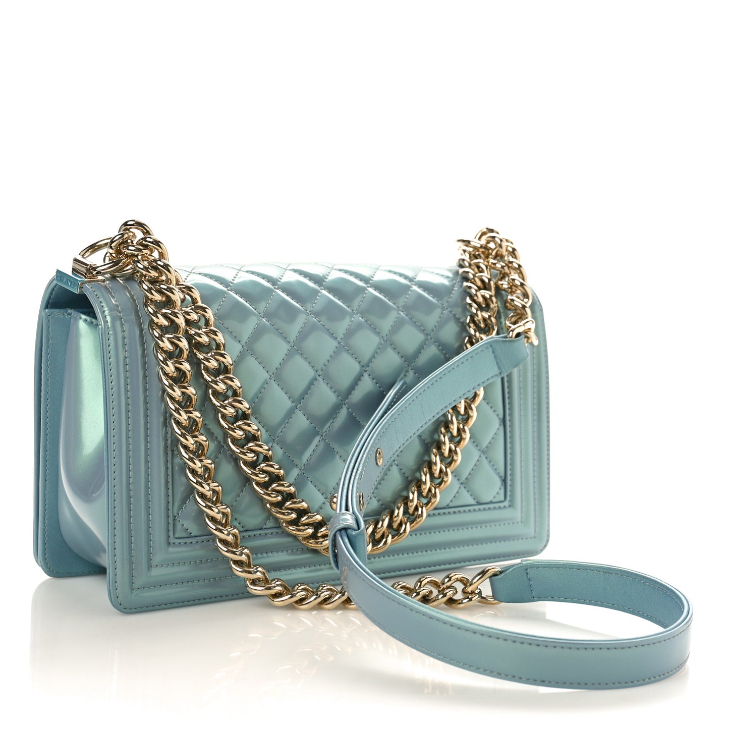 Iridescent Glazed Calfskin Quilted Medium Boy Flap Light Blue