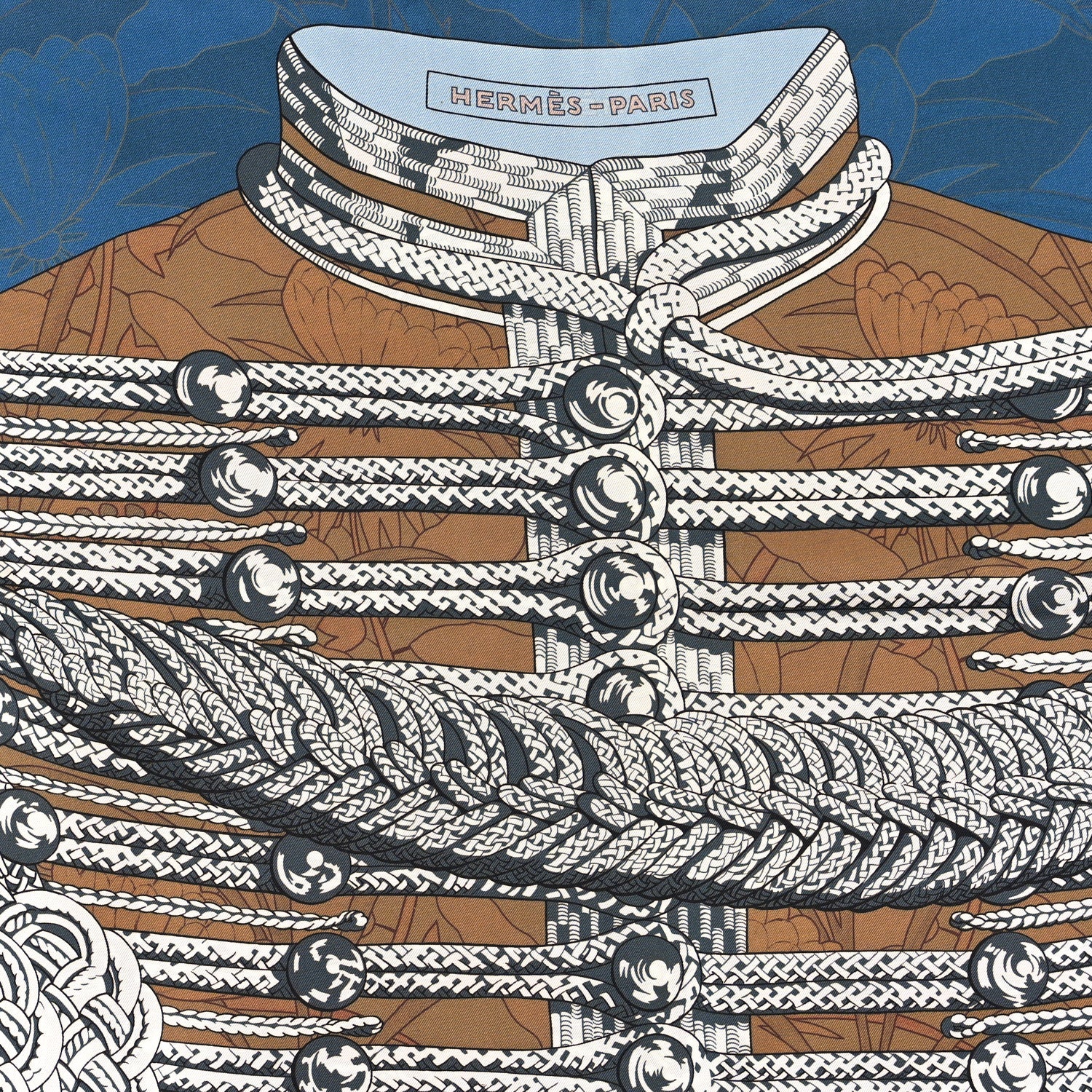 Hermes Silk Carre Double Face Brandebourgs Scarf 90 Bleu Jean Tabac Anthracite 2 of 5