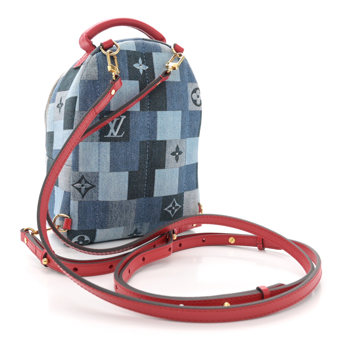 Denim Damier Monogram Patchwork Palm Springs Backpack Mini Blue Rouge