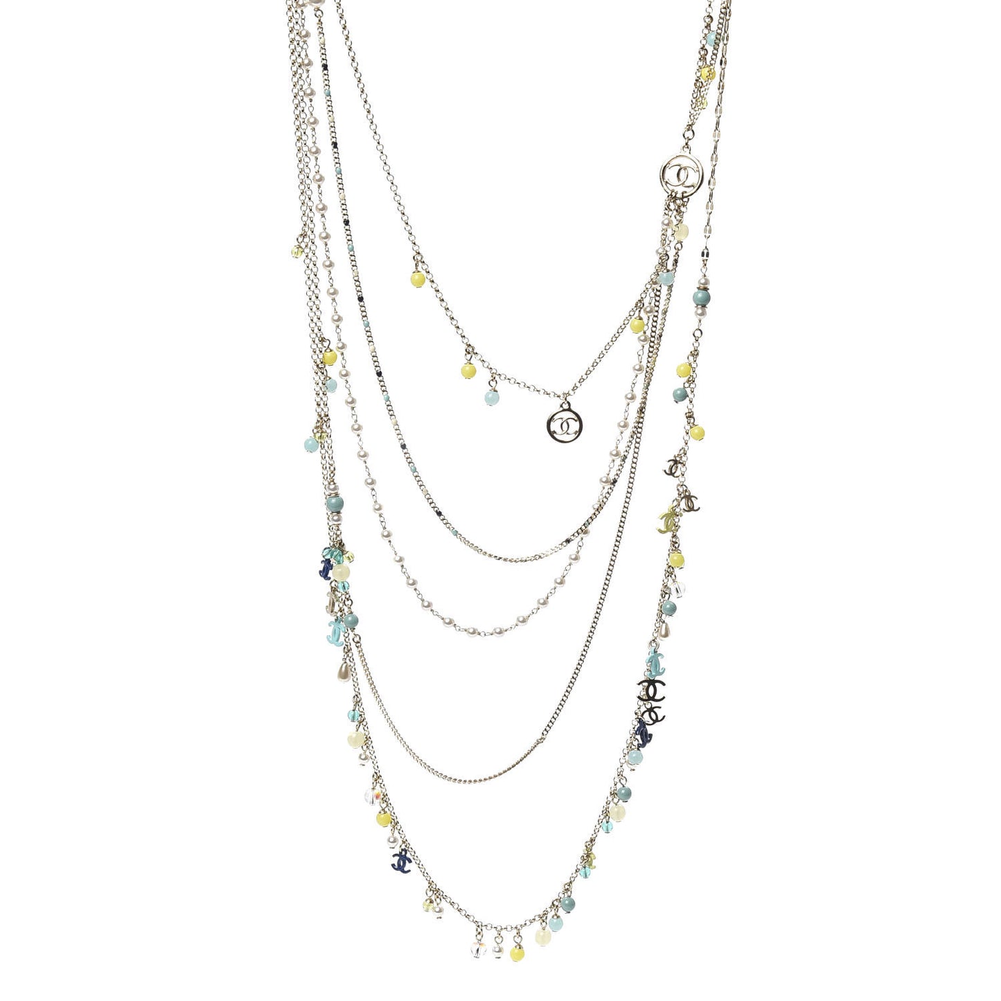 Pearl Beaded Resin CC Multi Strand Long Necklace Silver Nacre
