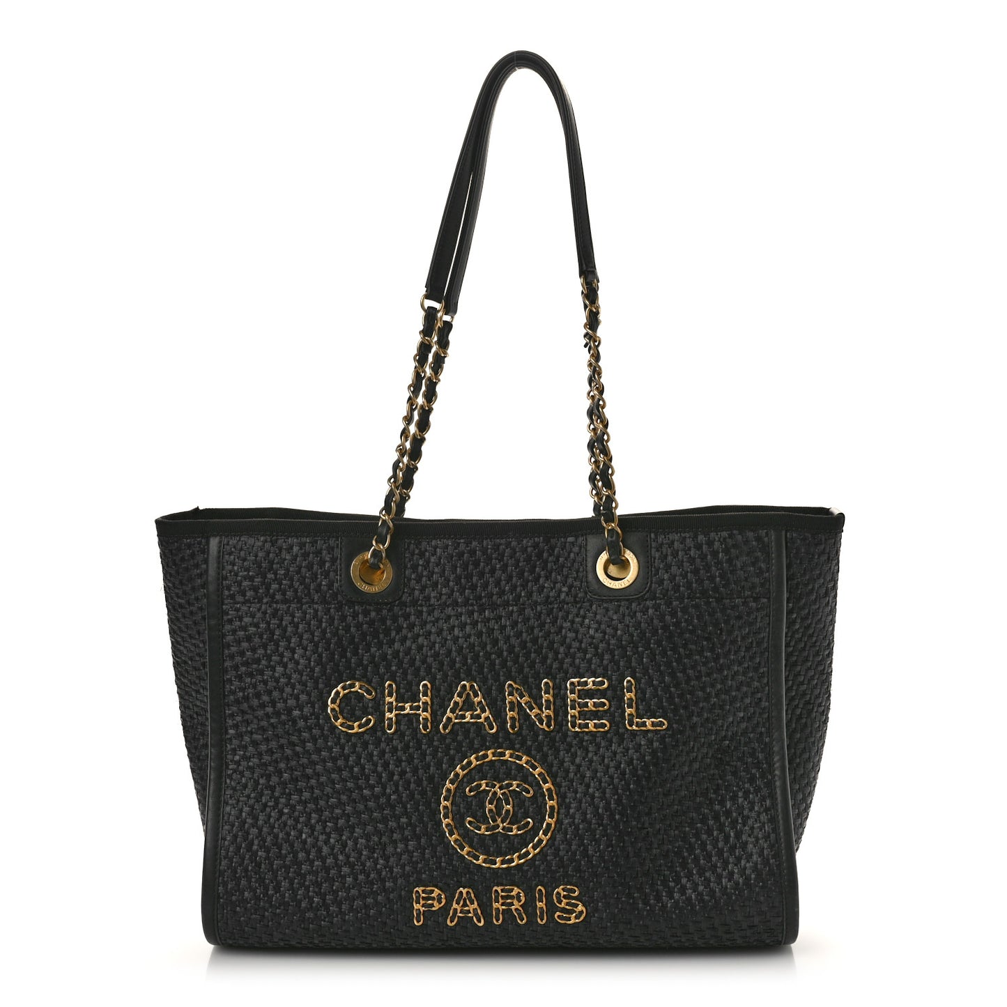 Straw Raffia Calfskin Chain Small Deauville Tote Black