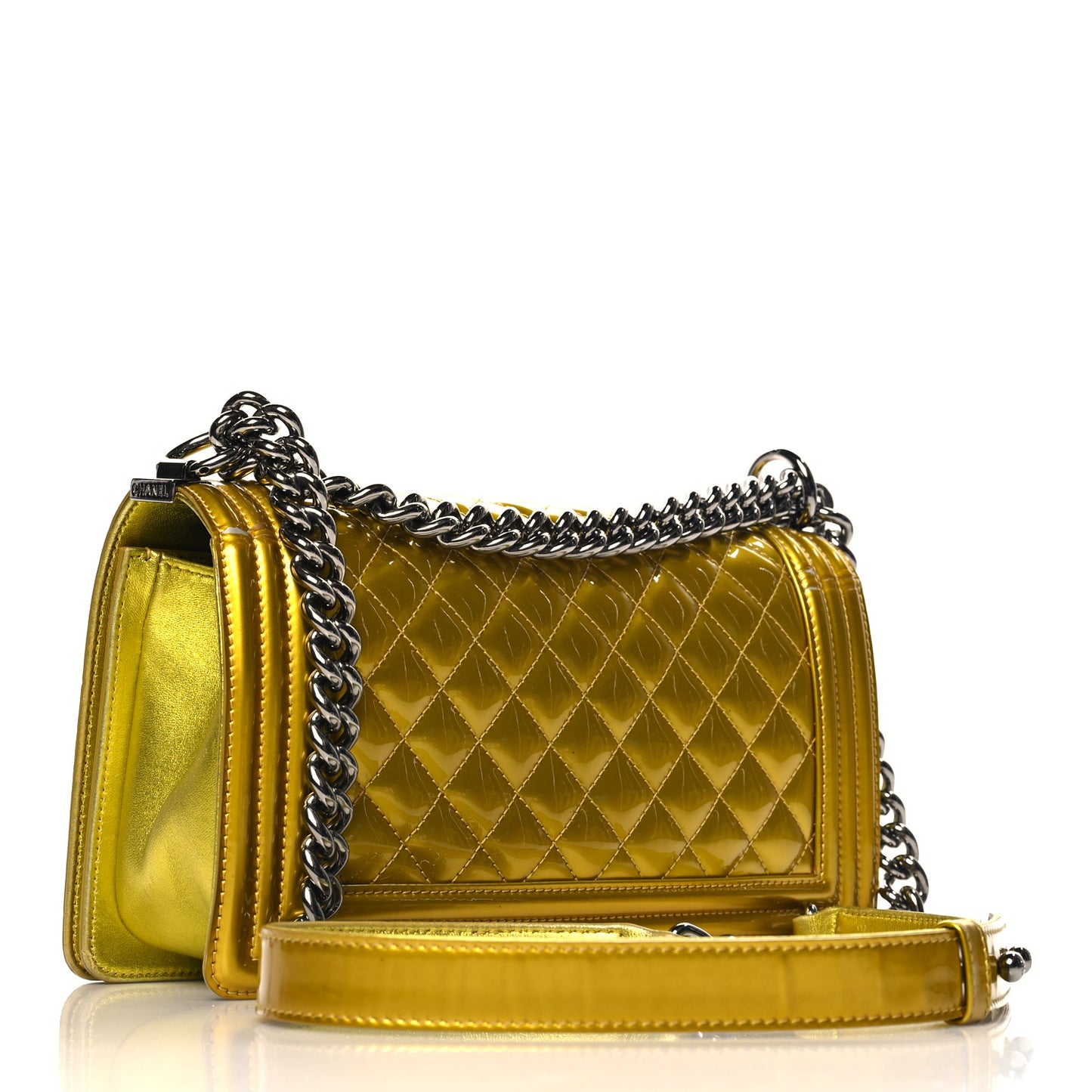 Metallic Patent Calfskin Quilted Medium Boy Flap Gold