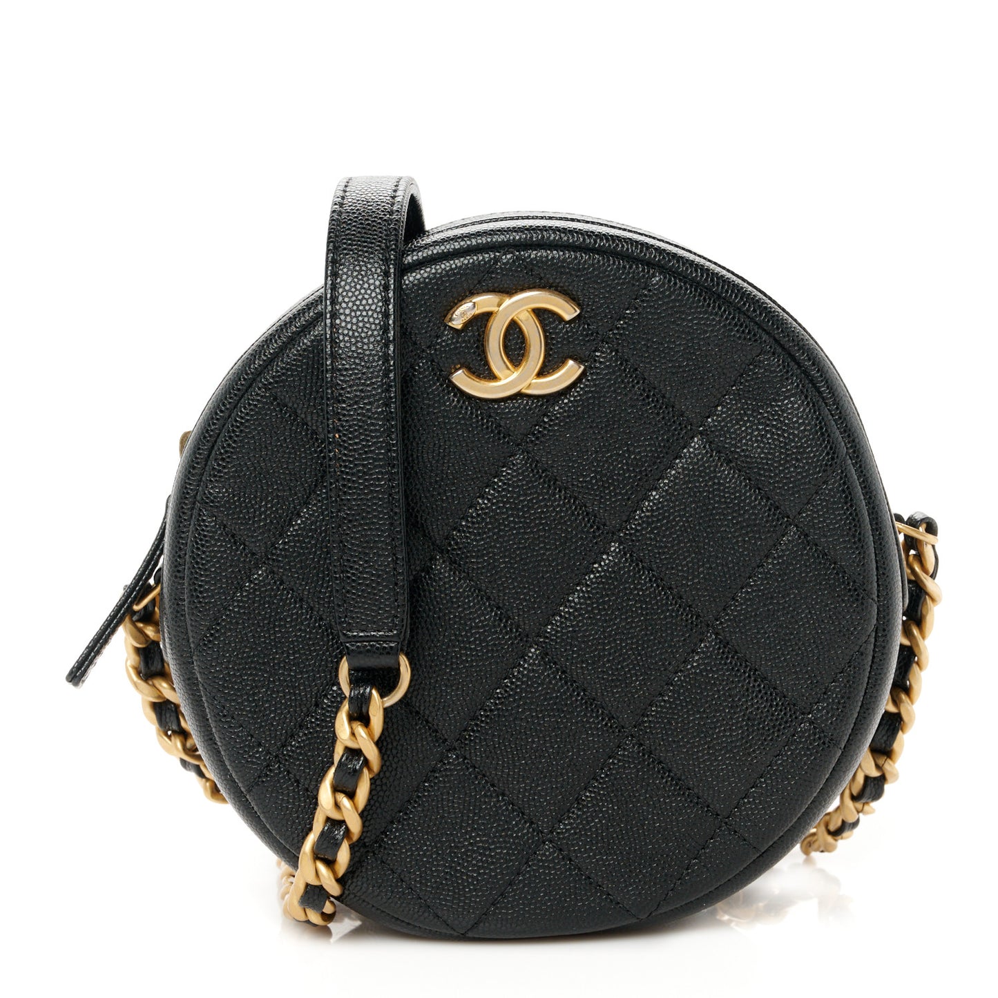 Caviar Quilted Round Clutch With Chain Black