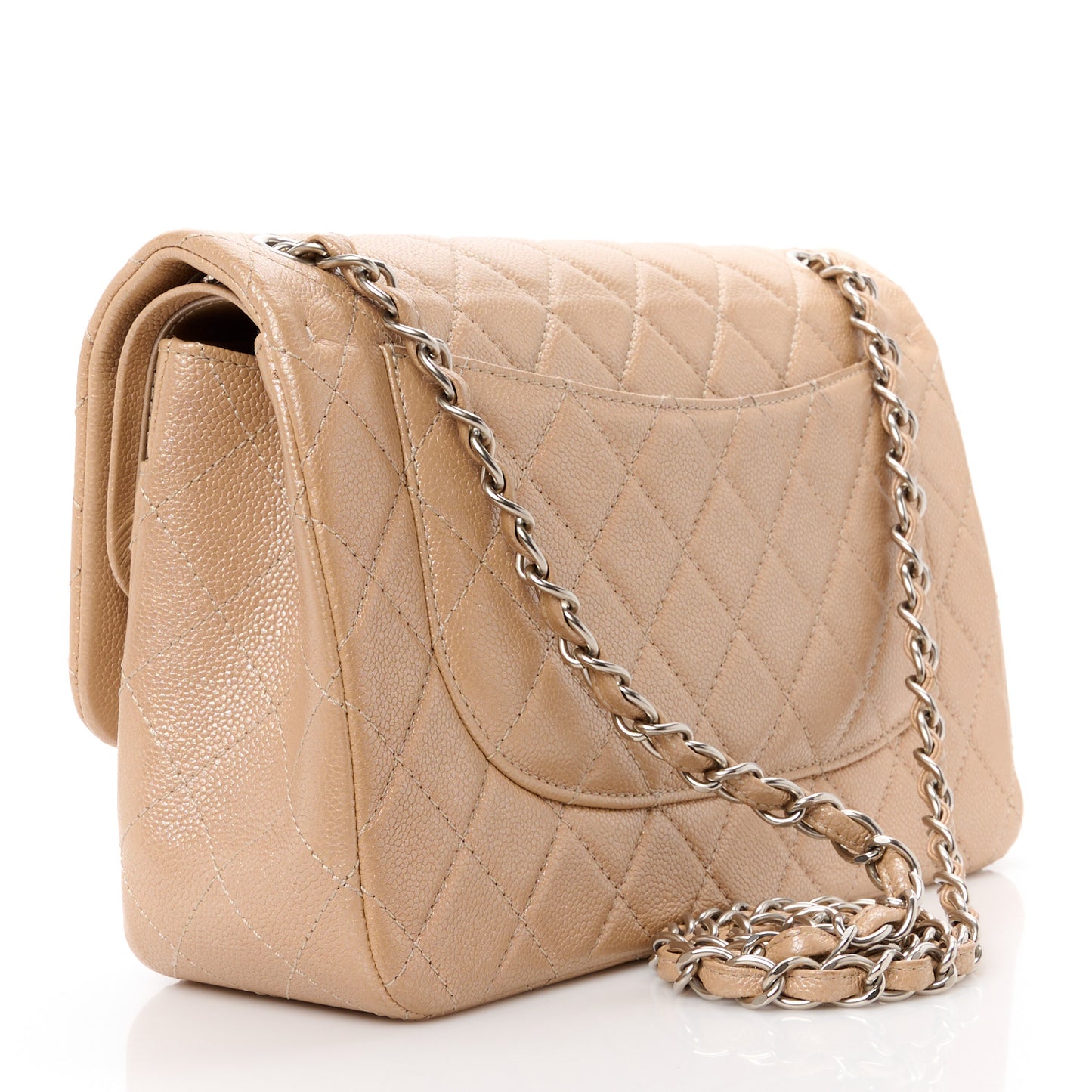 Pearly Caviar Quilted Jumbo Double Flap Beige