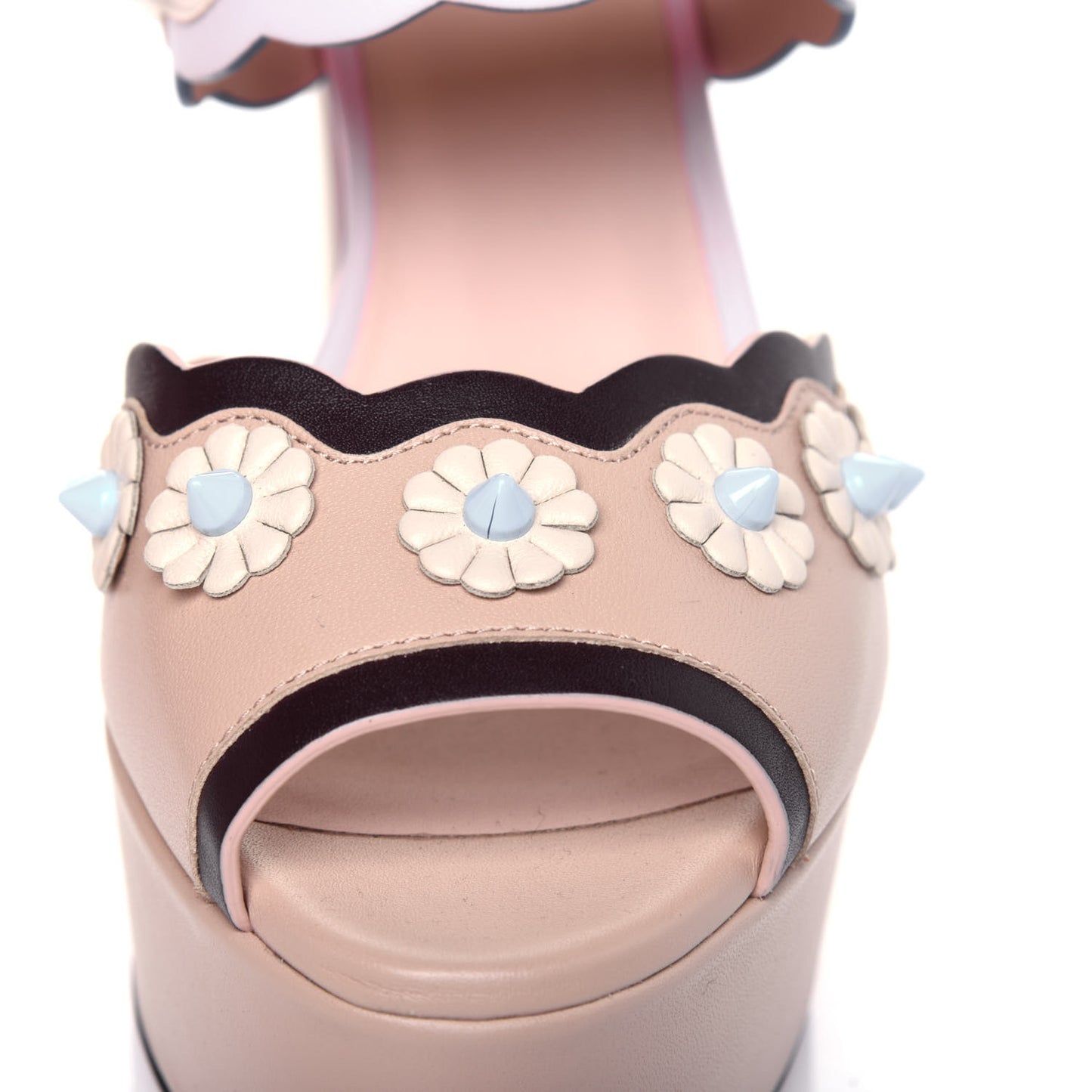Calfskin Scalloped Pearl Studded Flower Embellished Platform Sandals 35 Beige Multicolor