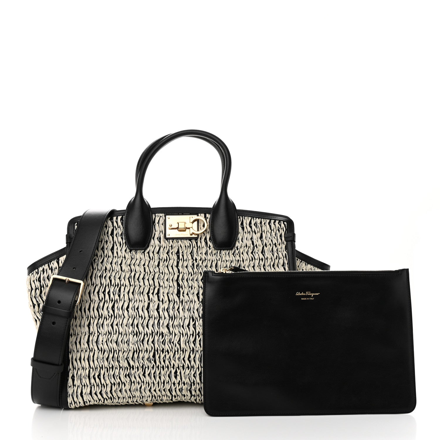 Salvatore Ferragamo Raffia Large Studio Bag Black White 3 of 10