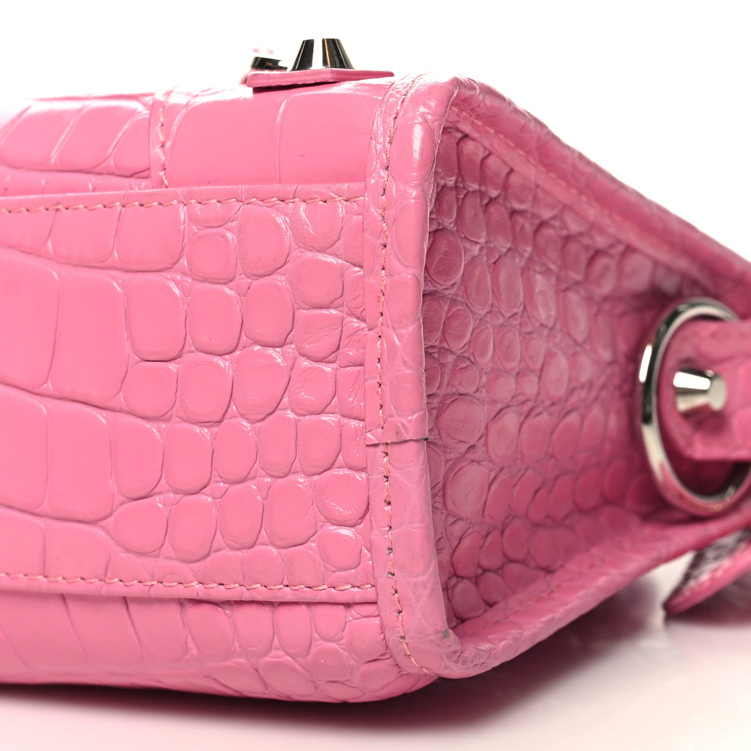 Balenciaga Shiny Supple Calfskin Crocodile Embossed Classic Silver Hardware Mini City Baby Pink 11 of 14