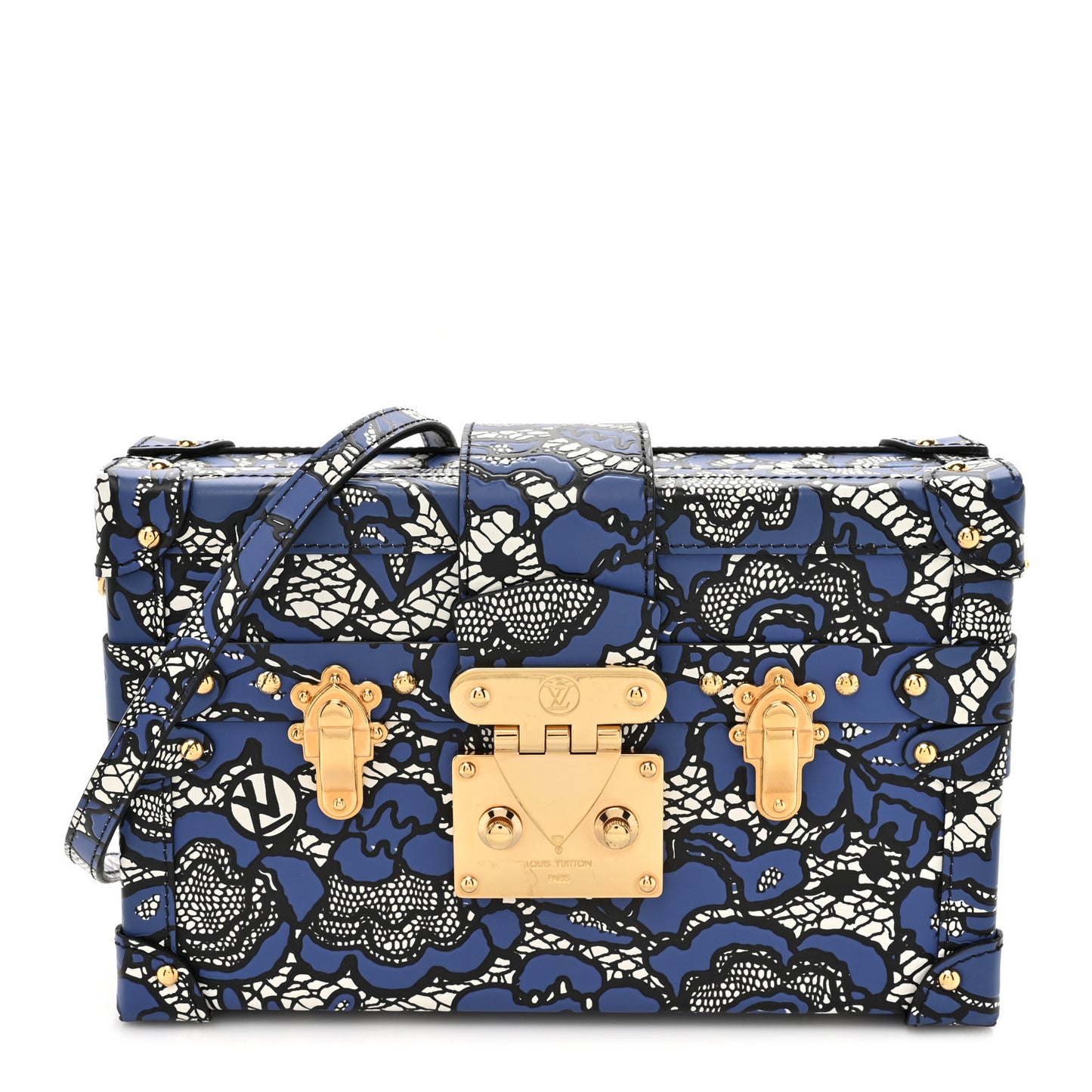 Calfskin Lace Flower Inlay Petite Malle Navy Black