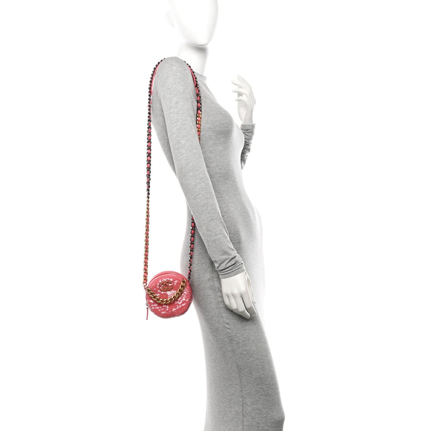 Sequin Chanel 19 Round Clutch With Chain Coral