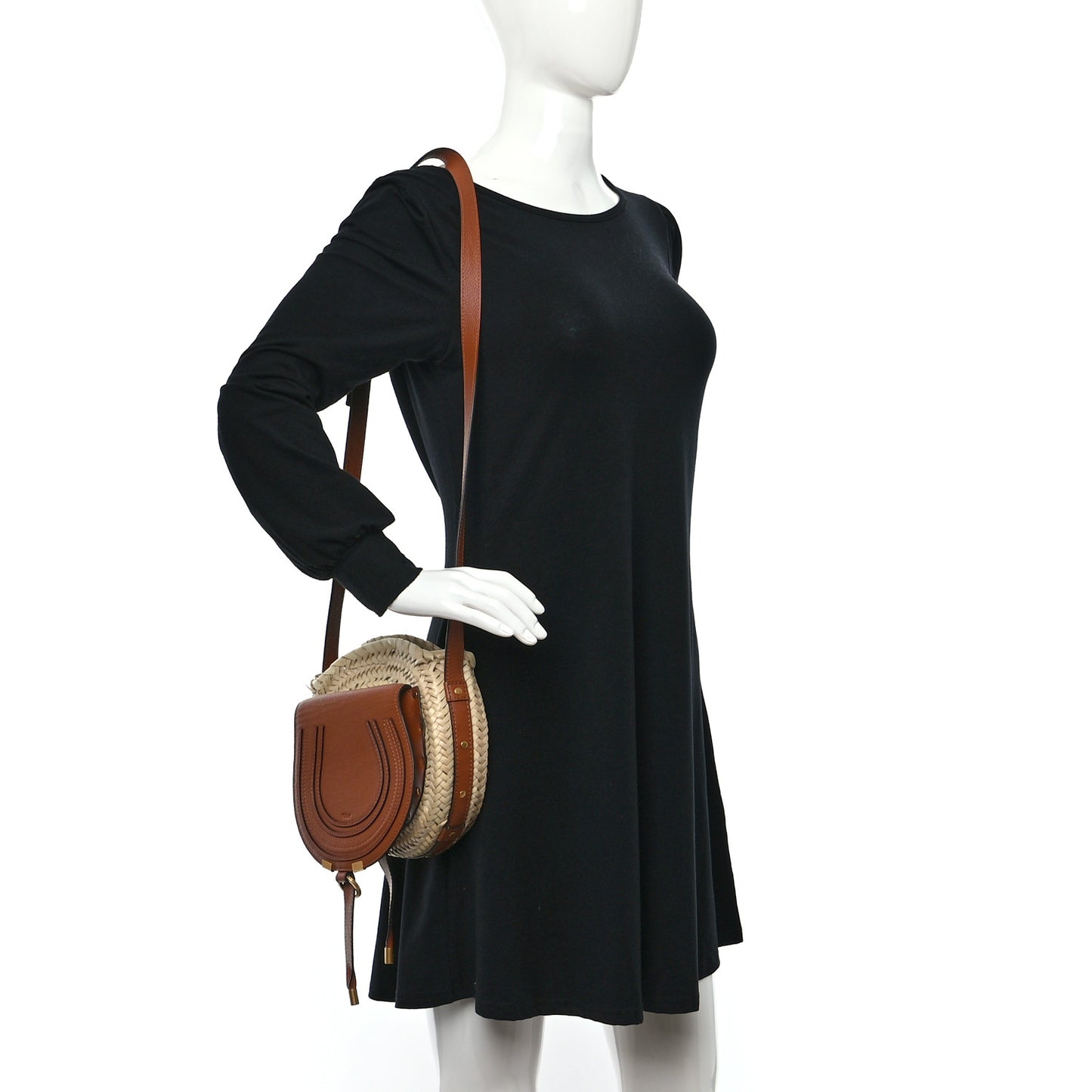 Raffia Small Grain Calfskin Small Marcie Basket Crossbody Tan