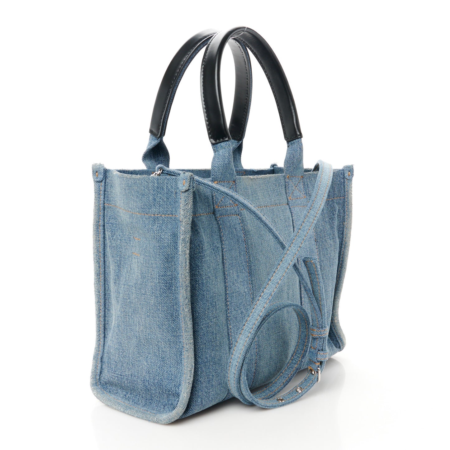 Washed Frayed Denim Logo Small Hardware Tote Blue