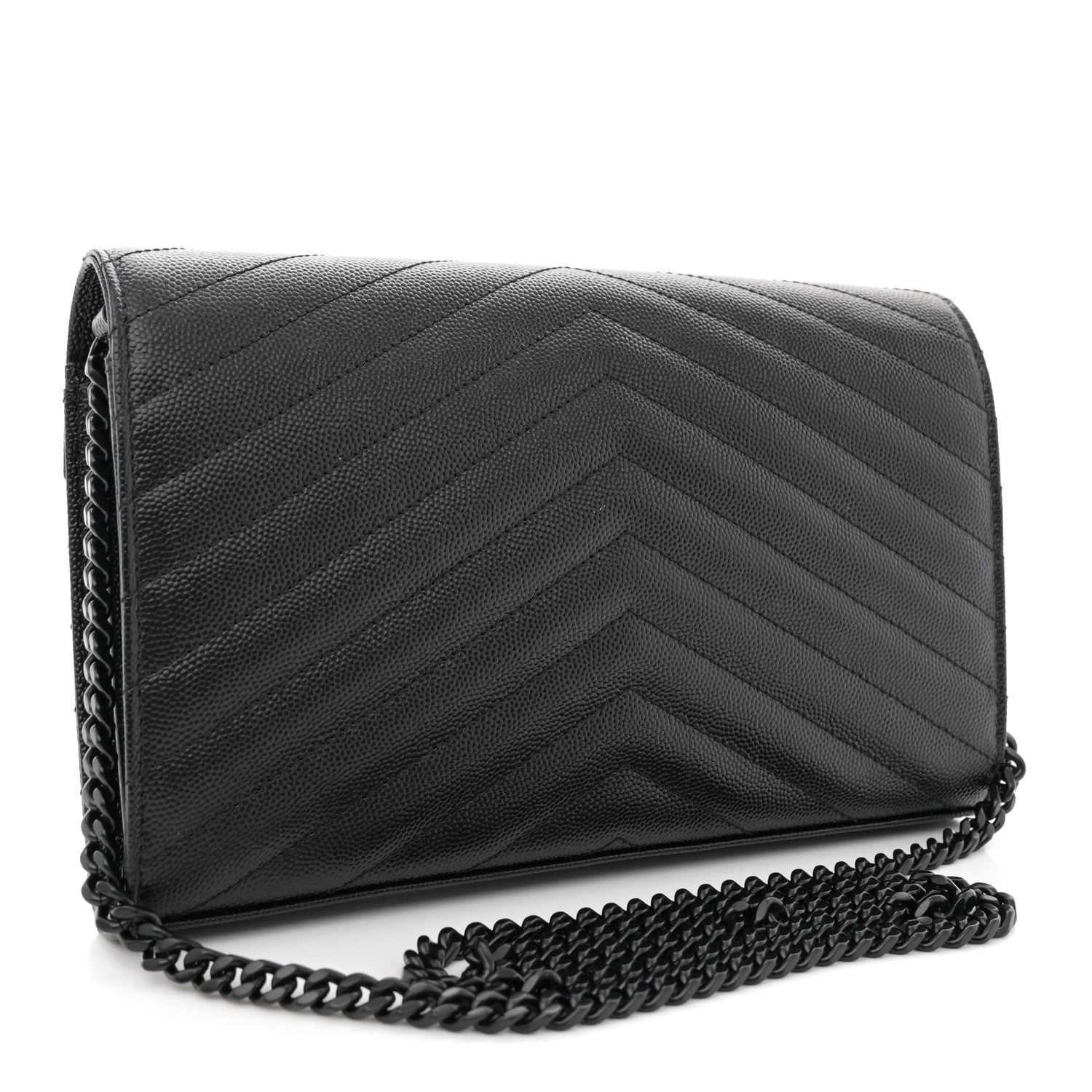 Saint Laurent Grain De Poudre Matelasse Chevron Monogram Monochrome Chain Wallet Black 3 of 10