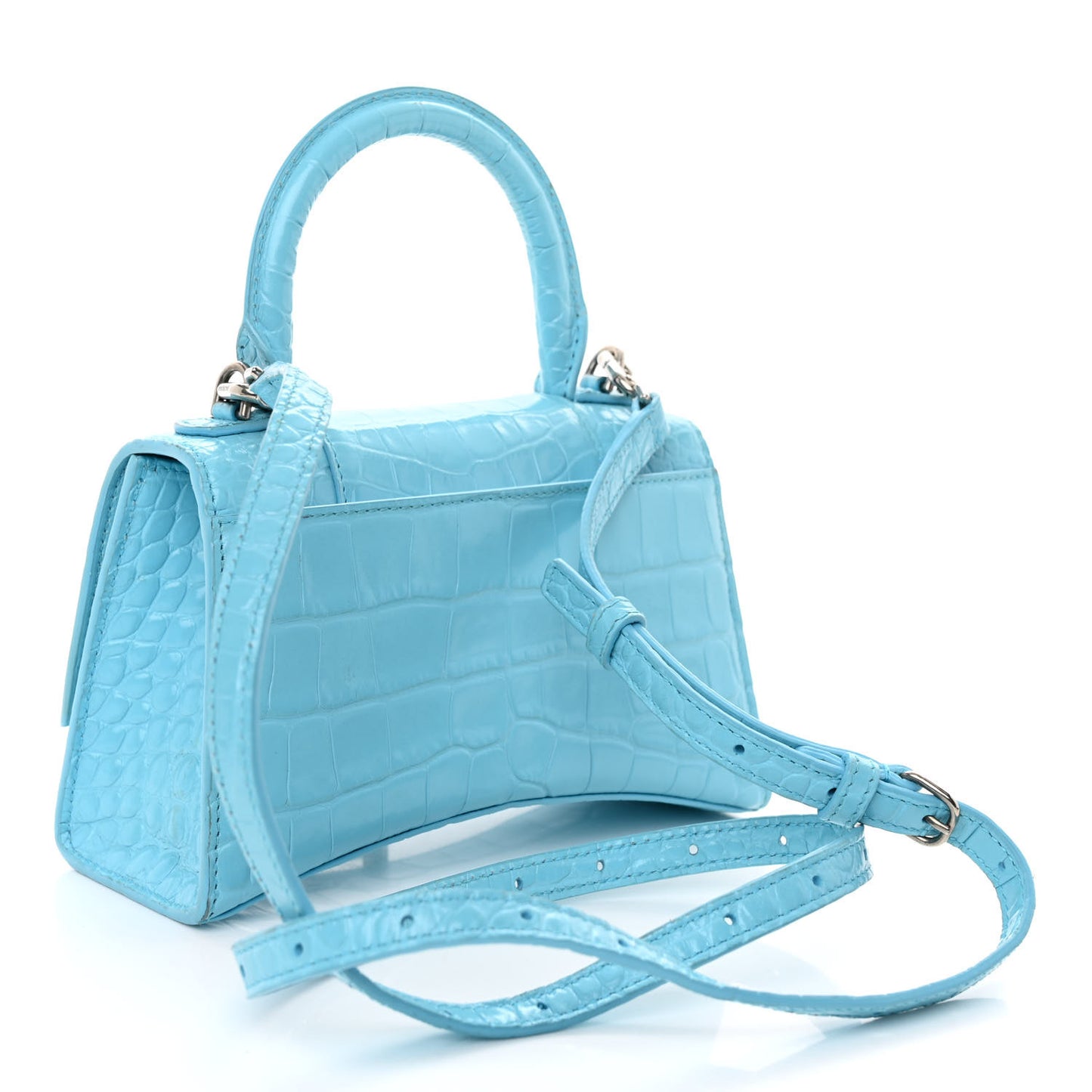 Shiny Calfskin Crocodile Embossed Hourglass Top Handle Bag XS Bright Bleu