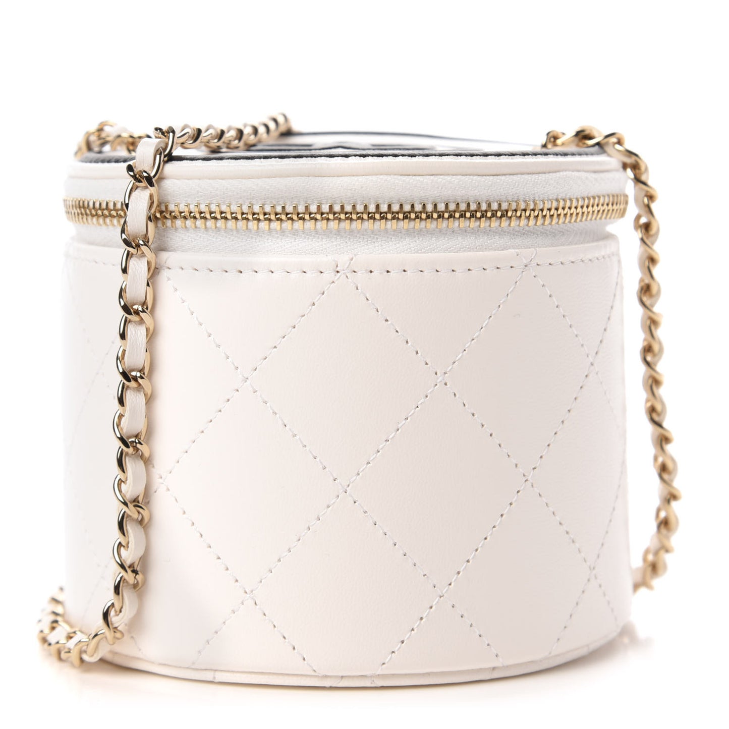 Lambskin Quilted Round Small Vanity Case With Chain White Black