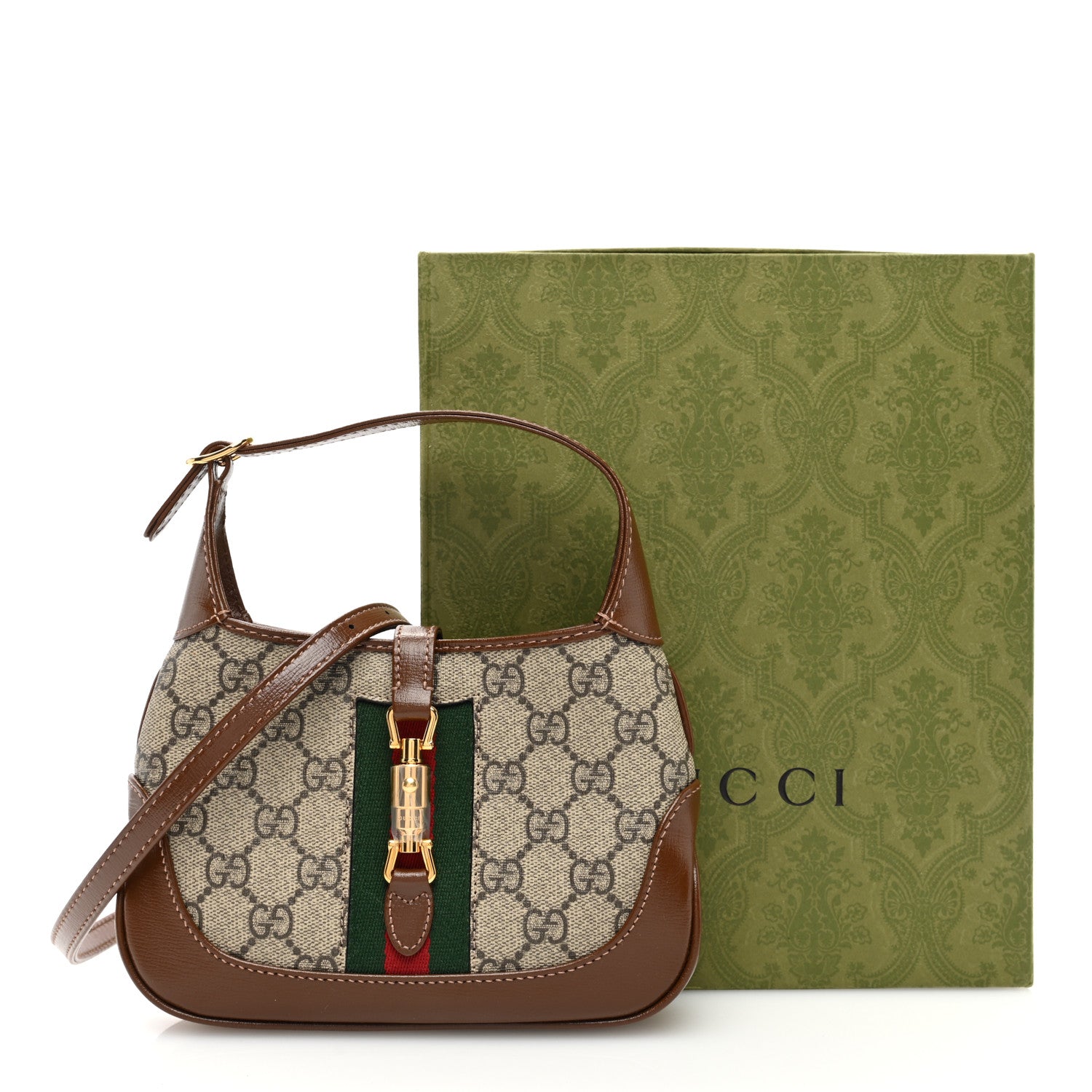 Gucci GG Supreme Monogram Azalea Calfskin Web Mini Jackie 1961 Hobo Beige Ebony Brown Sugar 10 of 10