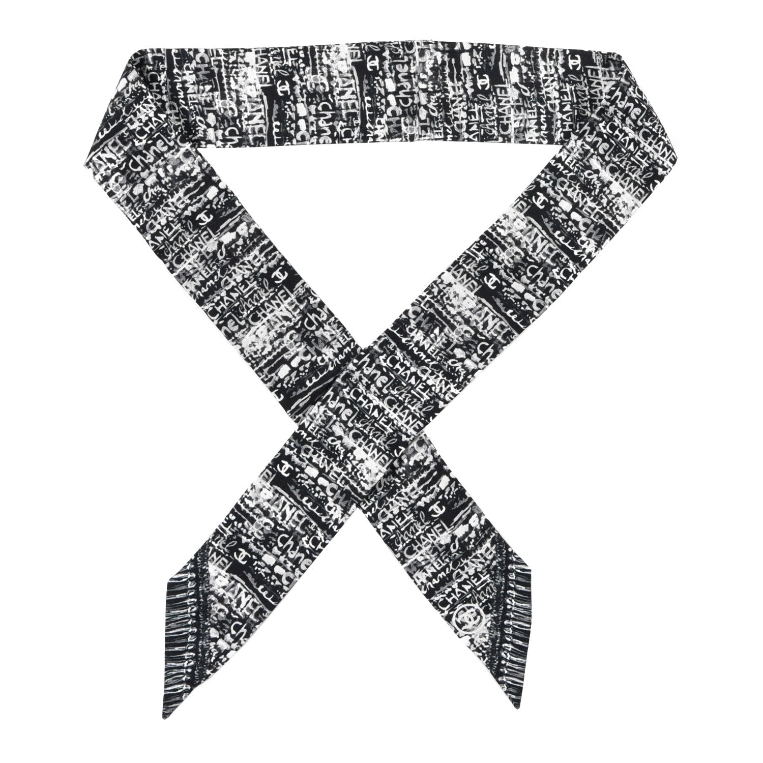 Chanel Silk Logo Slim Bandeau Scarf Black White 1 of 3