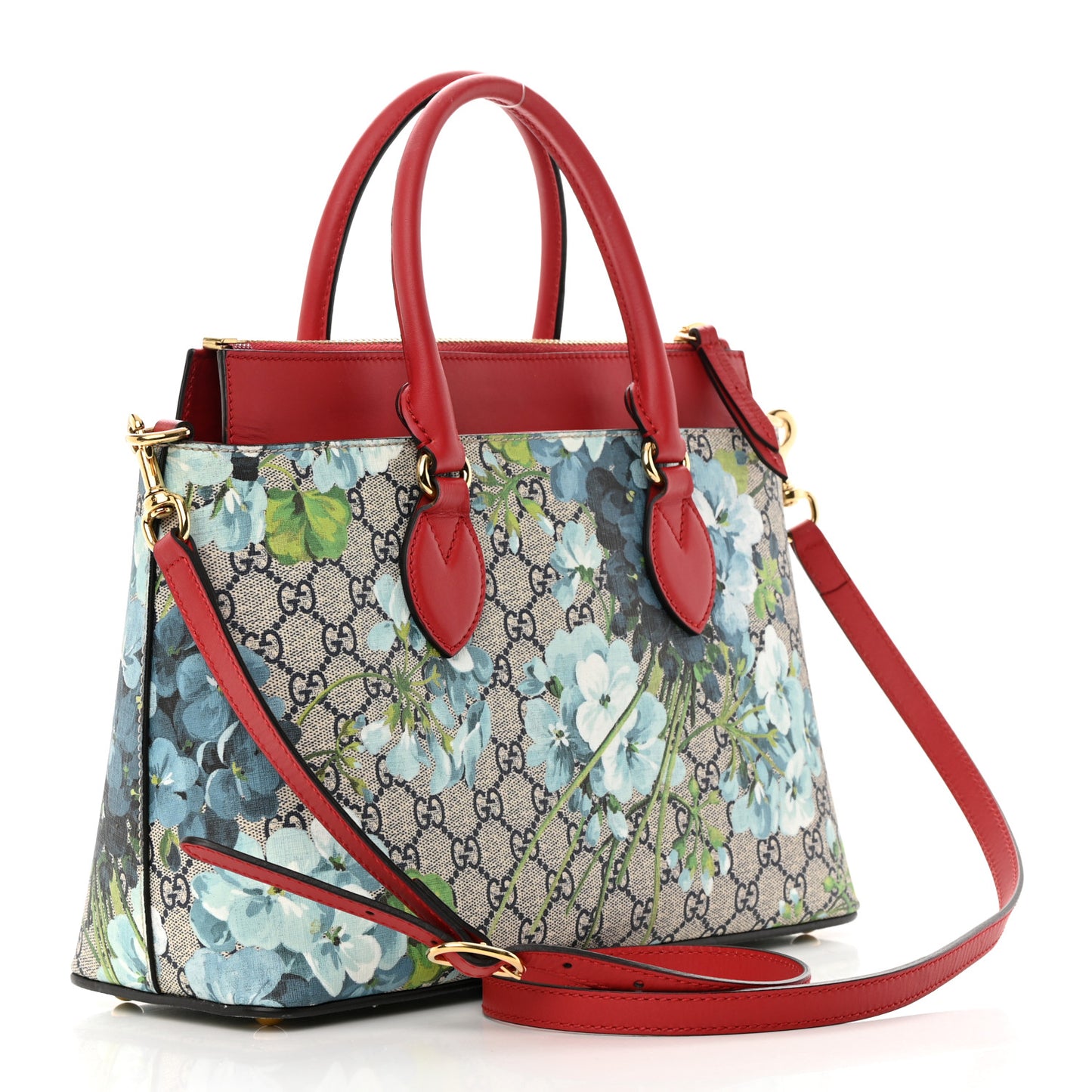 GG Supreme Monogram Blooms Medium Zip Top Tote Beige Blue Navy Hibiscus Red