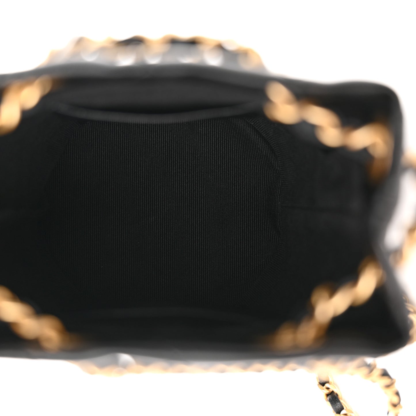 Shiny Lambskin Quilted Chain Around Drawstring Bucket Clutch With Chain Black