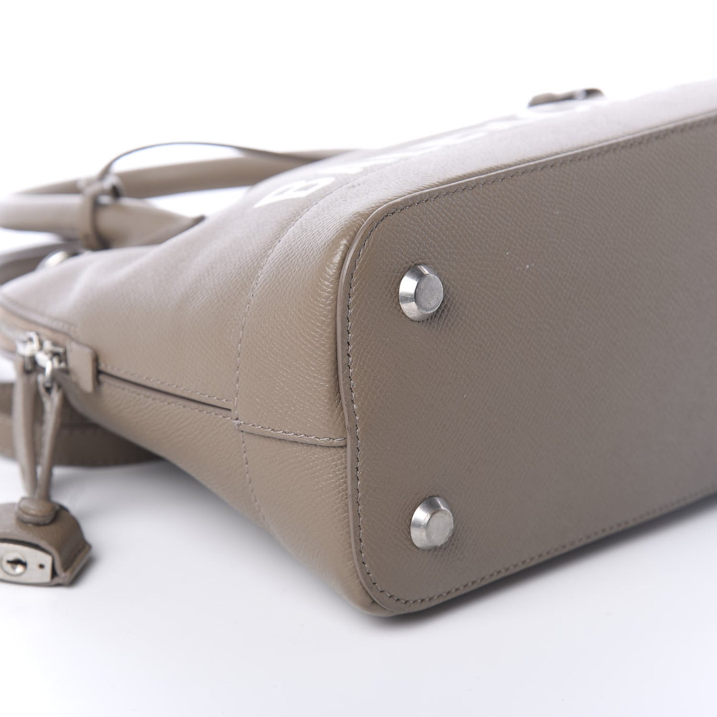 Signature Grained Calfskin Logo S Ville Top Handle Bag Mink Grey White
