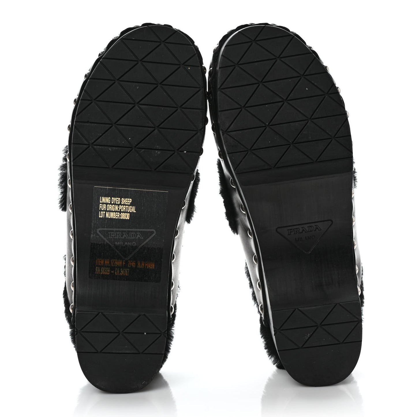 Natural Calfskin Shearling Metal Triangle Logo 45mm Clogs 38 Black