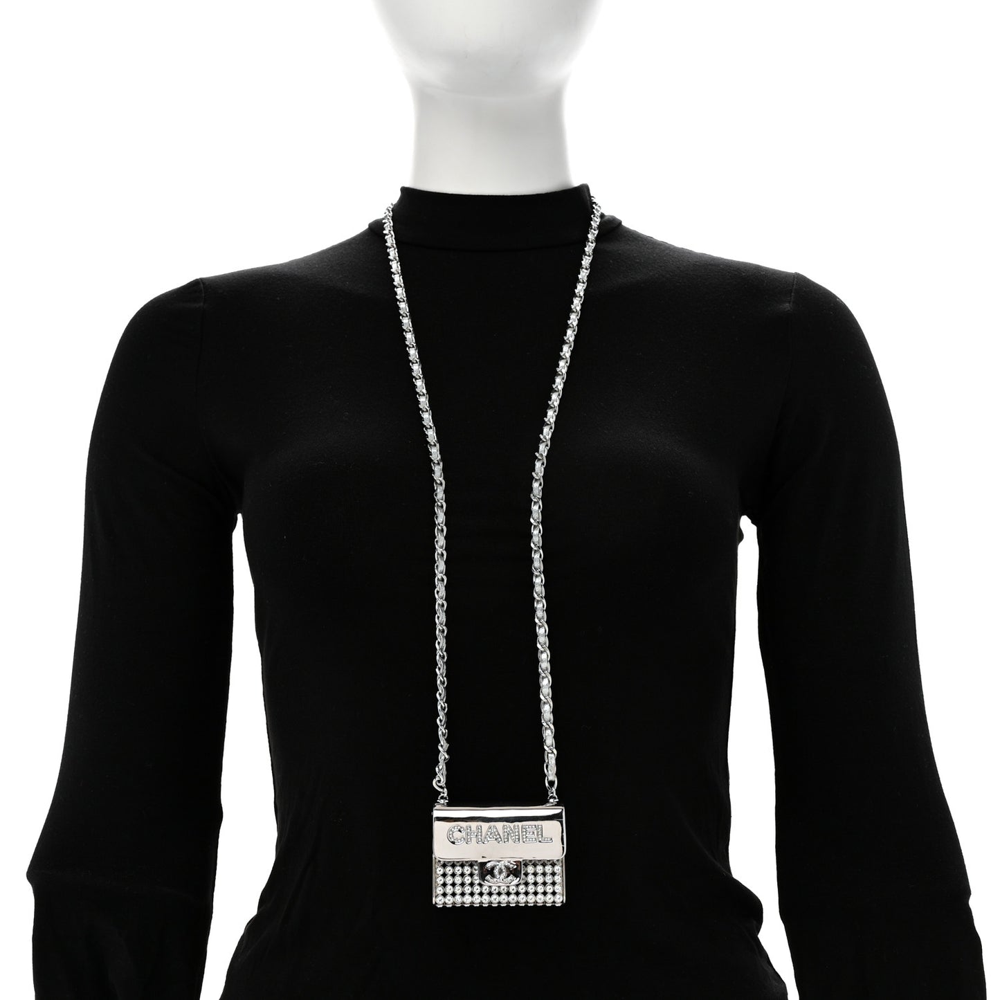 Metal Lambskin Strass Crystal Purse CC Long Necklace Silver