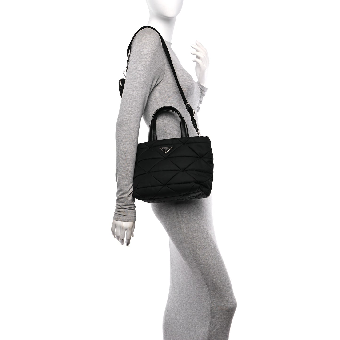 Re-Nylon Nappa Triangle Quilted Padded Double Handled Zip Pocket Tote Black