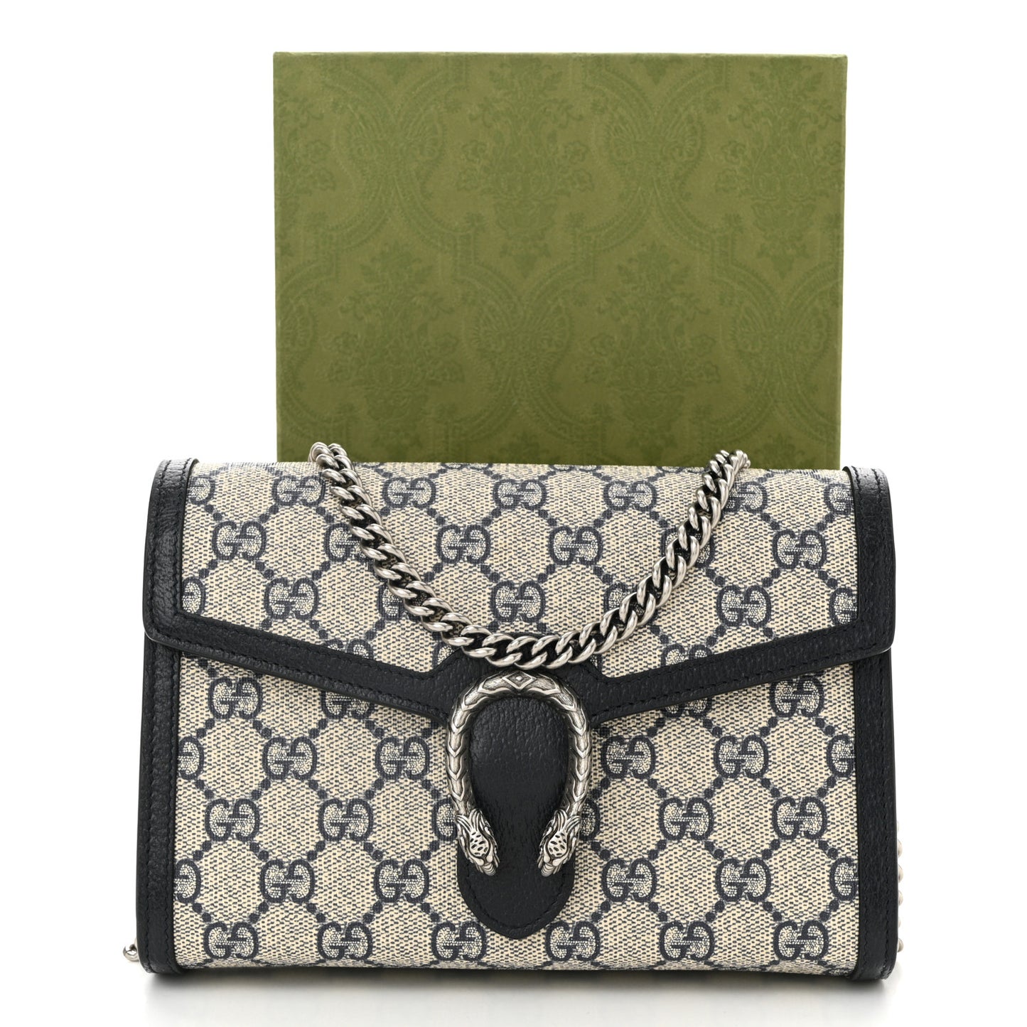 GG Supreme Monogram Textured Dollar Calfskin Mini Dionysus Chain Wallet Beige Blue