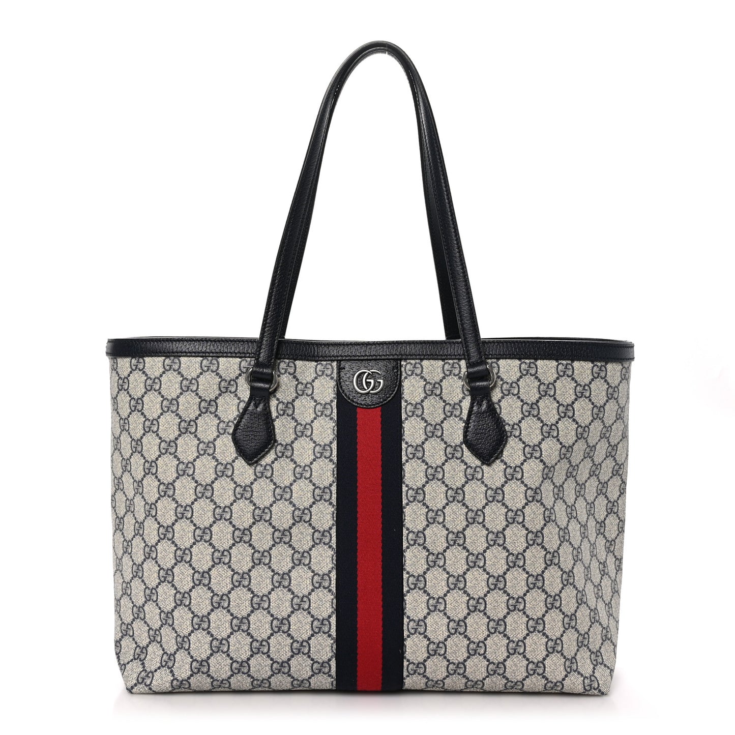 GG Supreme Monogram Textured Calfskin Web Medium Ophidia Shopping Tote Beige Blue