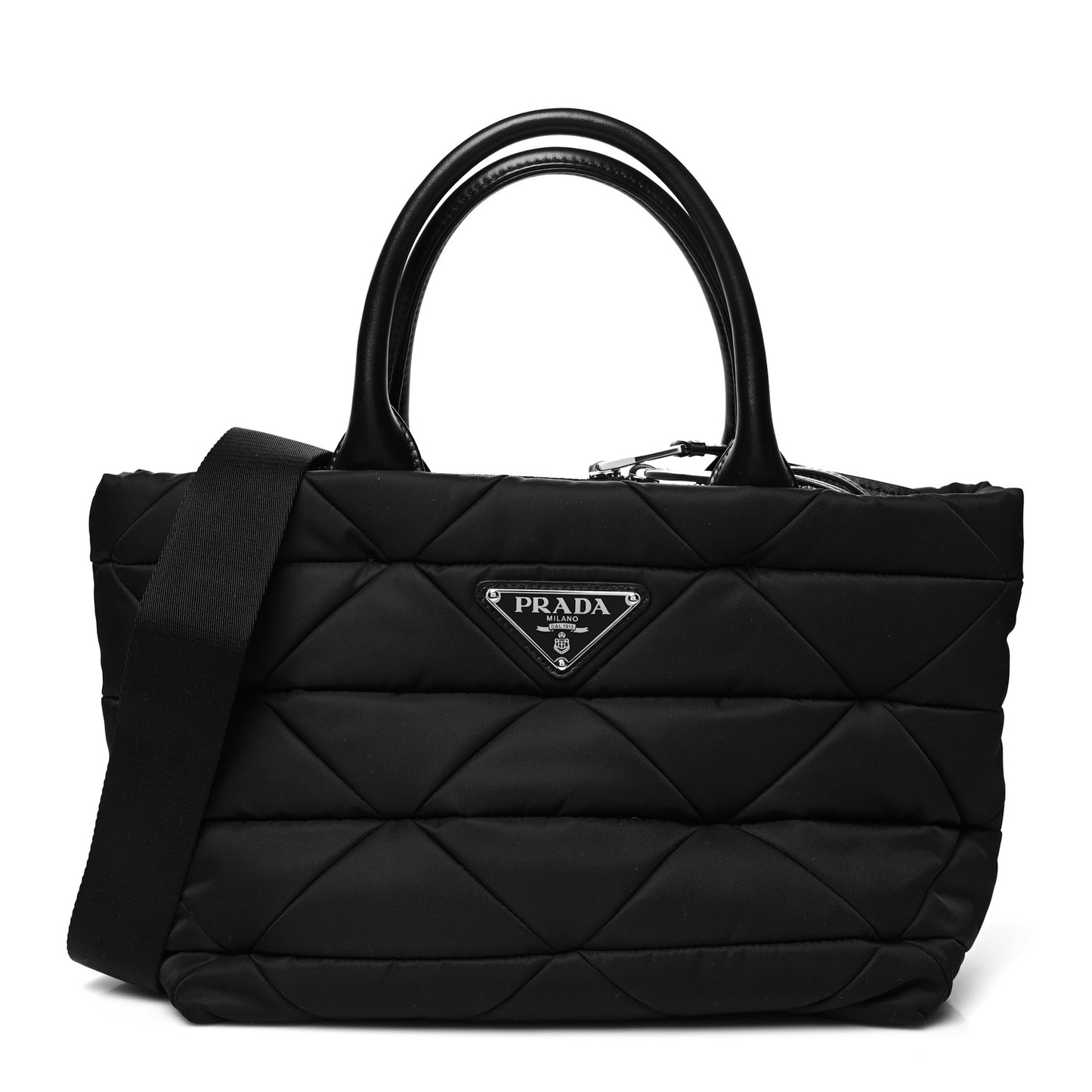 Re-Nylon Nappa Triangle Quilted Padded Small Double Handled Zip Tote Black