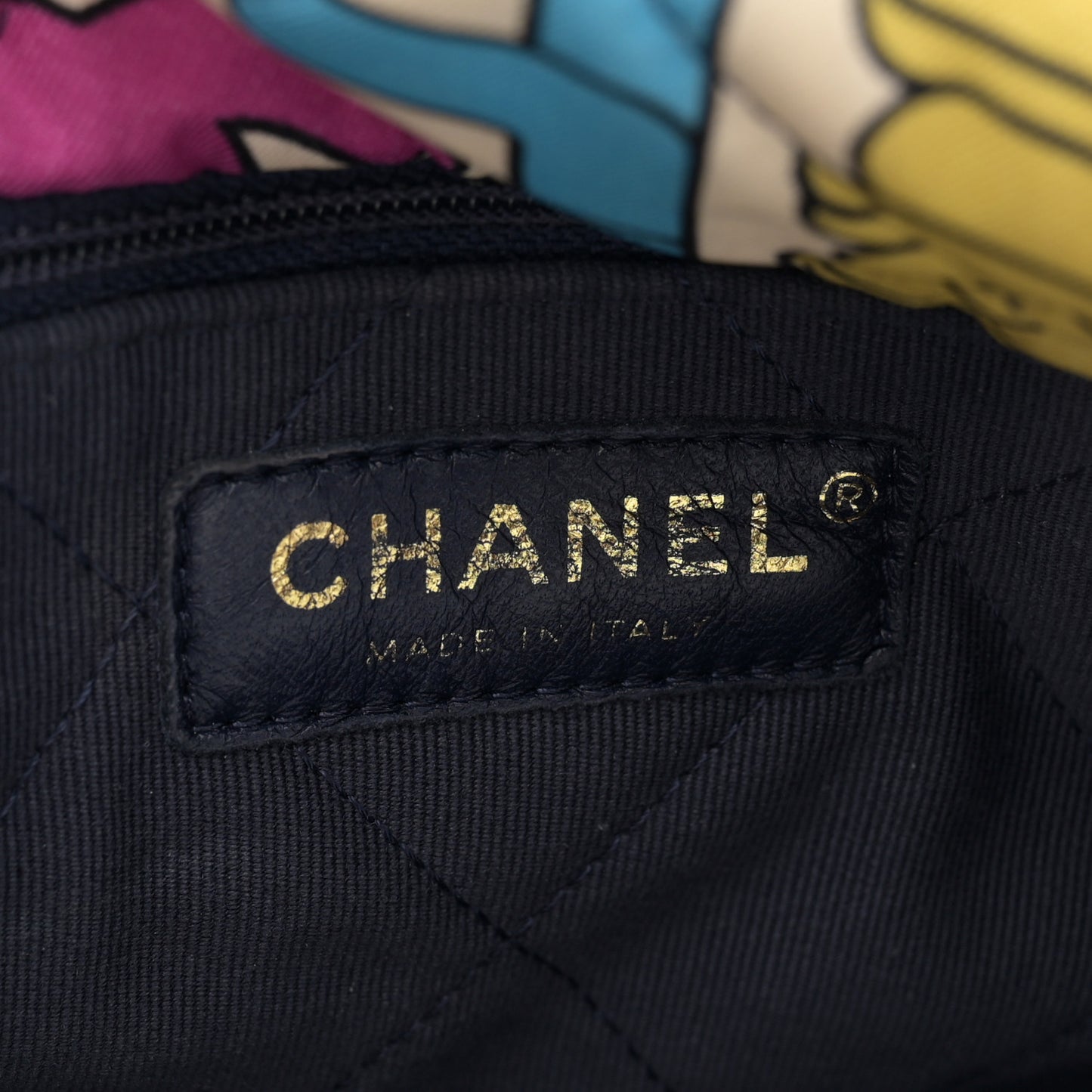 Printed Fabric Quilted Logo Large Shopping Tote Multicolor