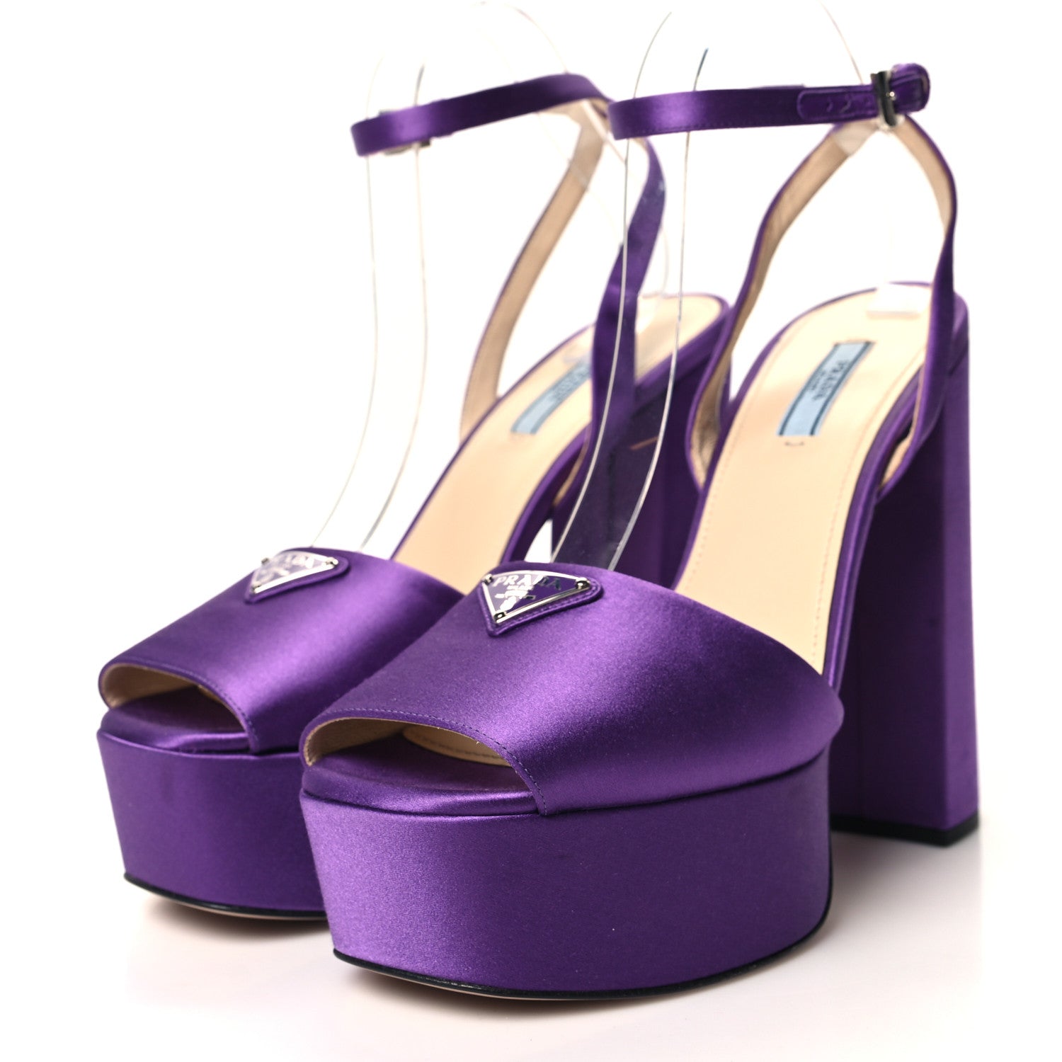 Prada Satin Metal Triangle Logo Ankle Strap 40/135mm Platform Sandals 41 Viola 3 of 7