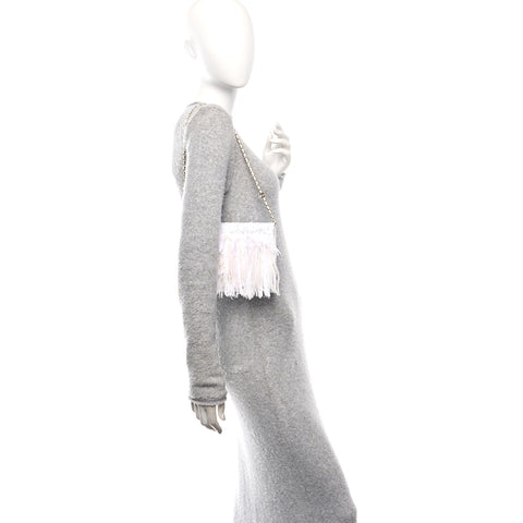 Tweed Embroidered Feathers Pearl Crystal Clutch White