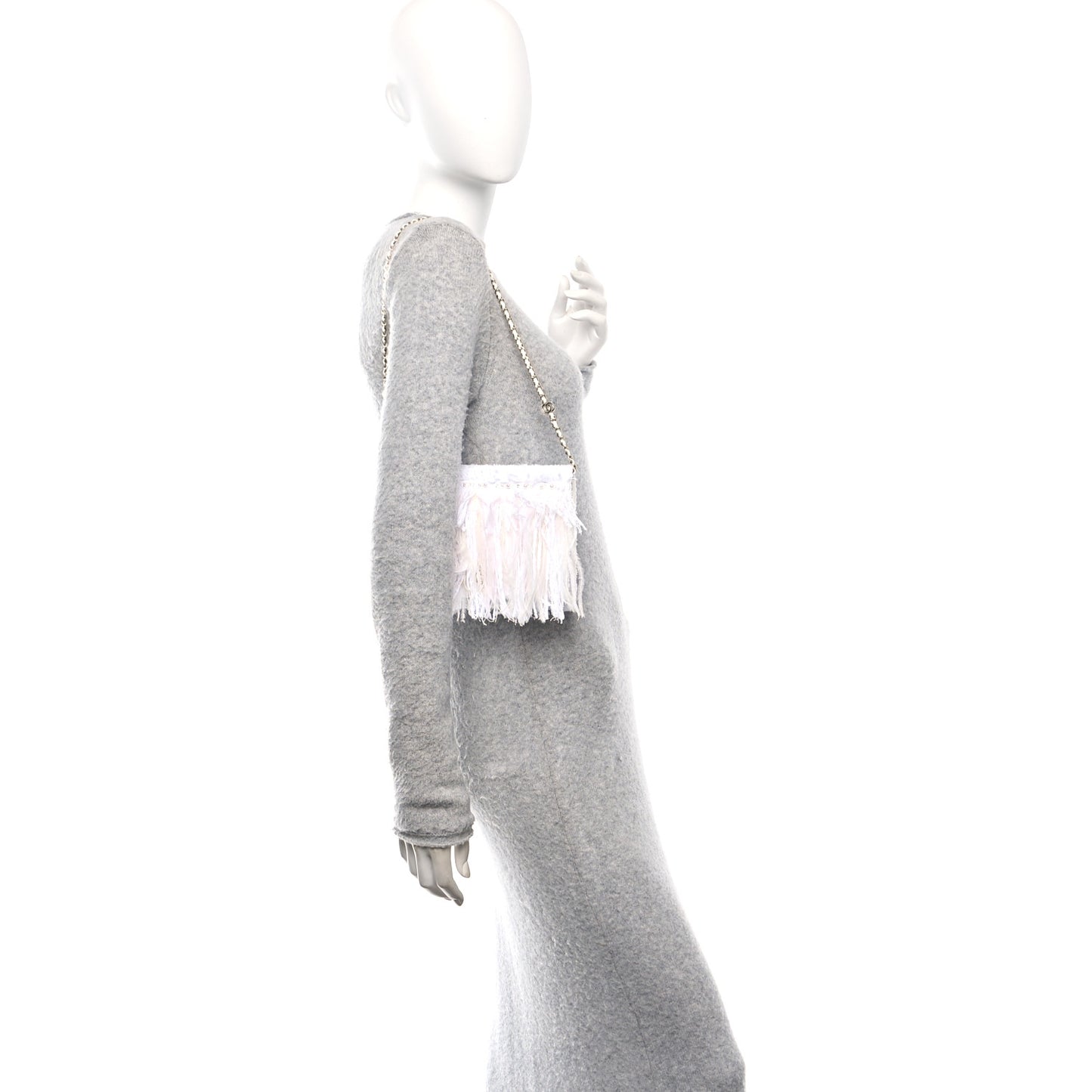 Tweed Embroidered Feathers Pearl Crystal Clutch White