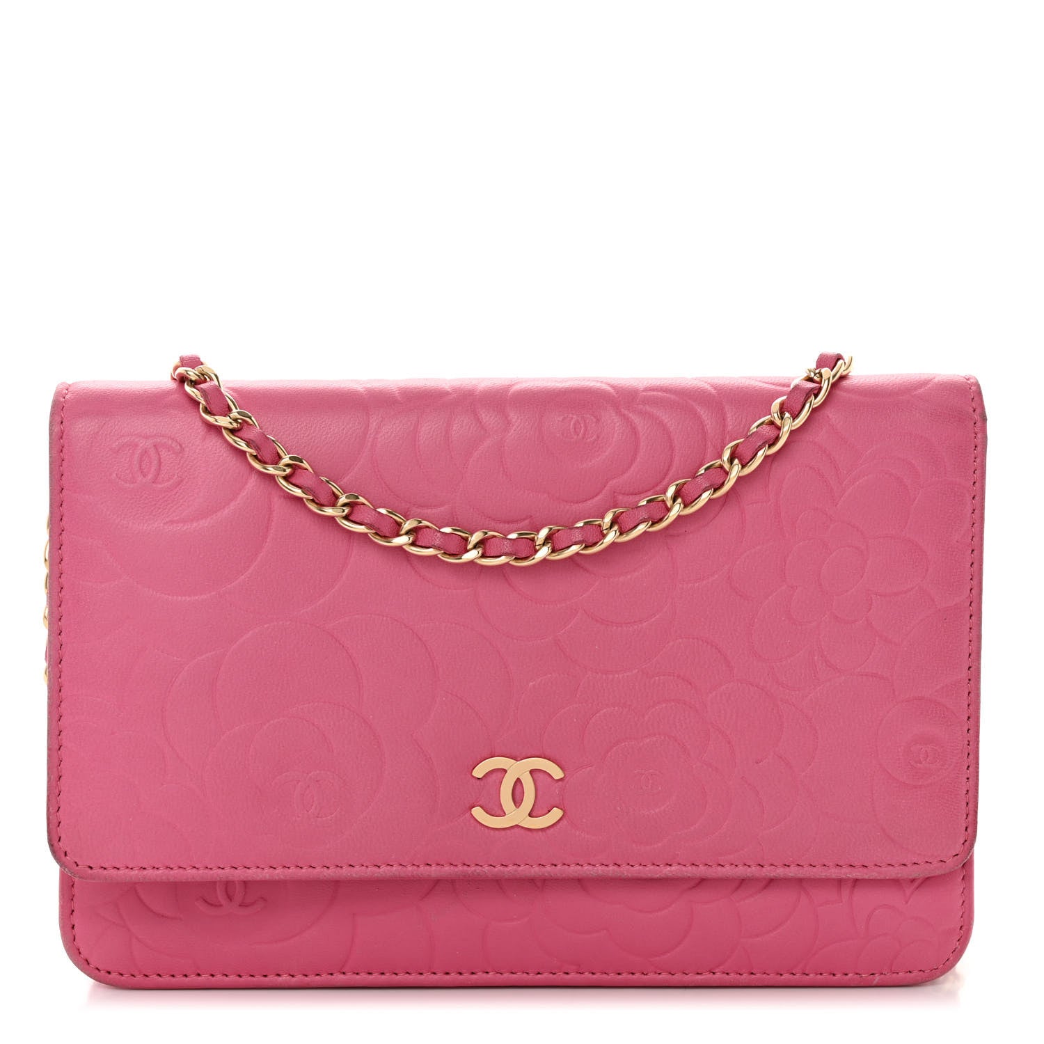 Chanel Lambskin Camellia Embossed Wallet on Chain WOC Pink 1 of 13