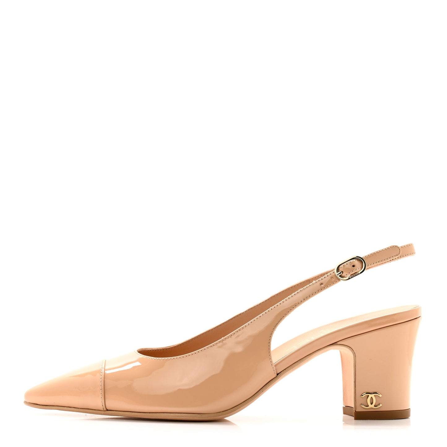 Patent Calfskin Cap Toe CC Slingback Pumps 38 Beige