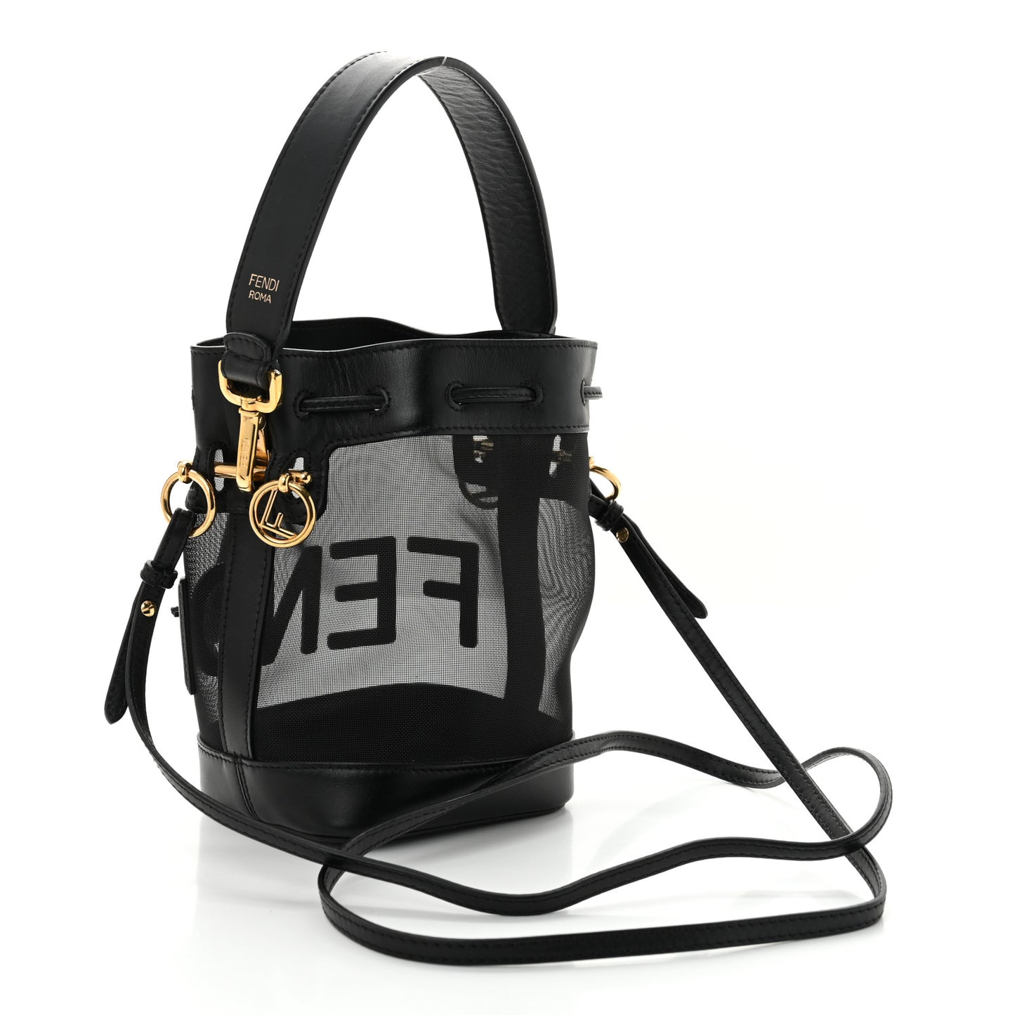 Mesh Vitello King F is Fendi Logo Embroidered Mini Mon Tresor Bucket Bag Black