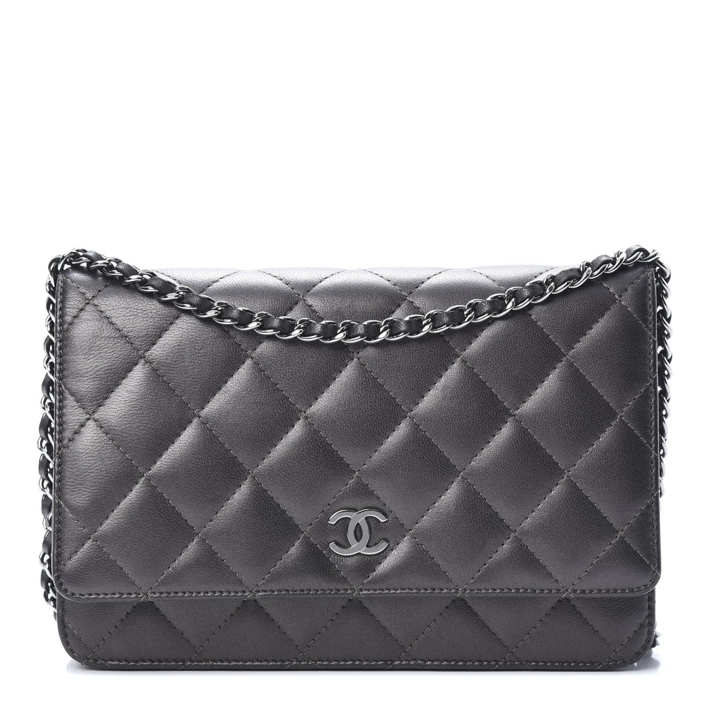 Iridescent Lambskin Quilted Wallet On Chain WOC Grey