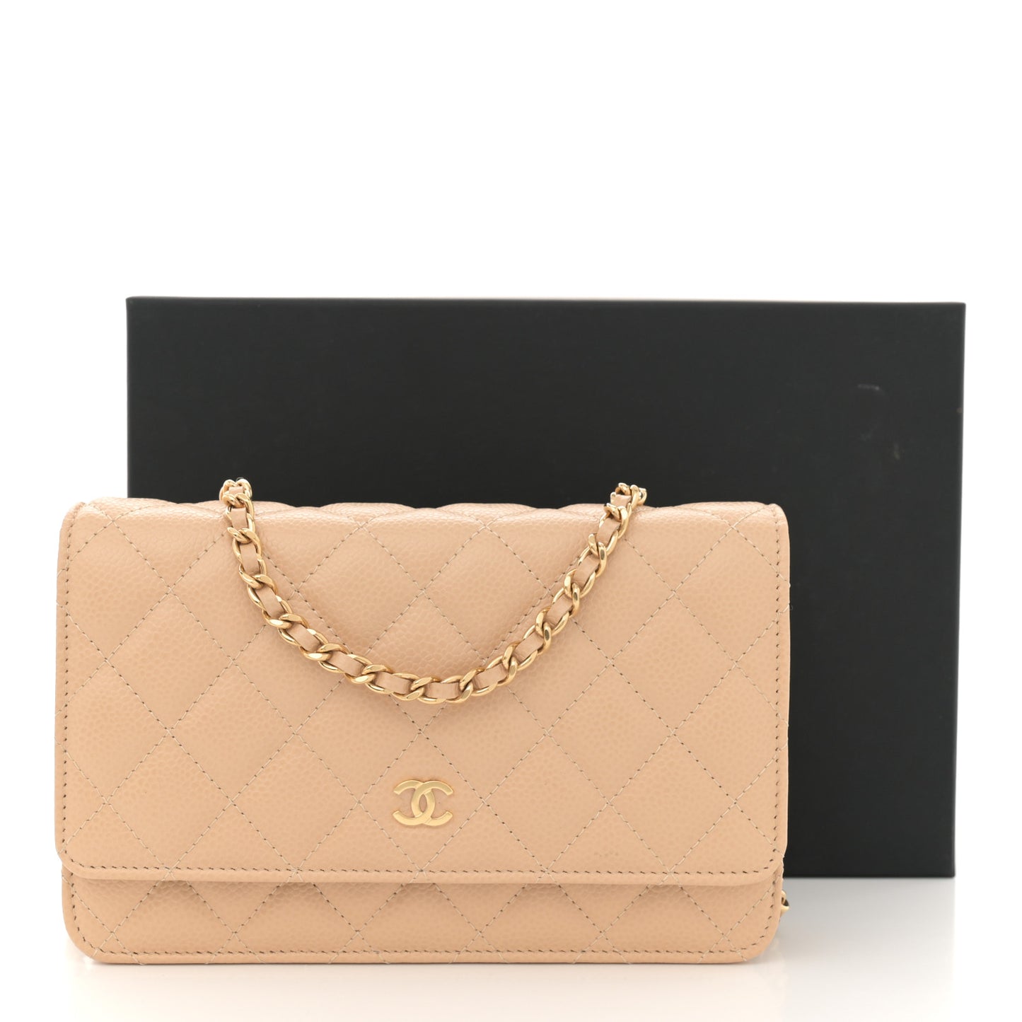 Caviar Quilted Wallet on Chain WOC Beige