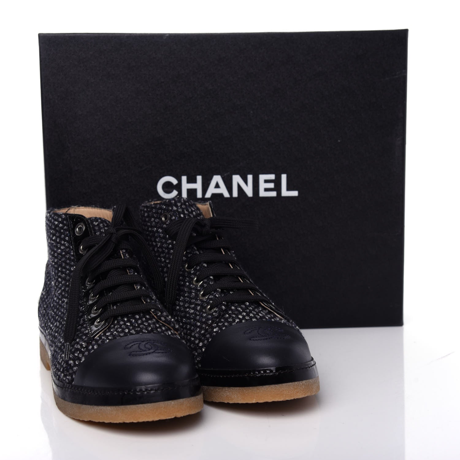 Chanel Tweed Calfskin Patent CC Lace Up Short Boots 38.5 Black Grey Dark Navy 11 of 11