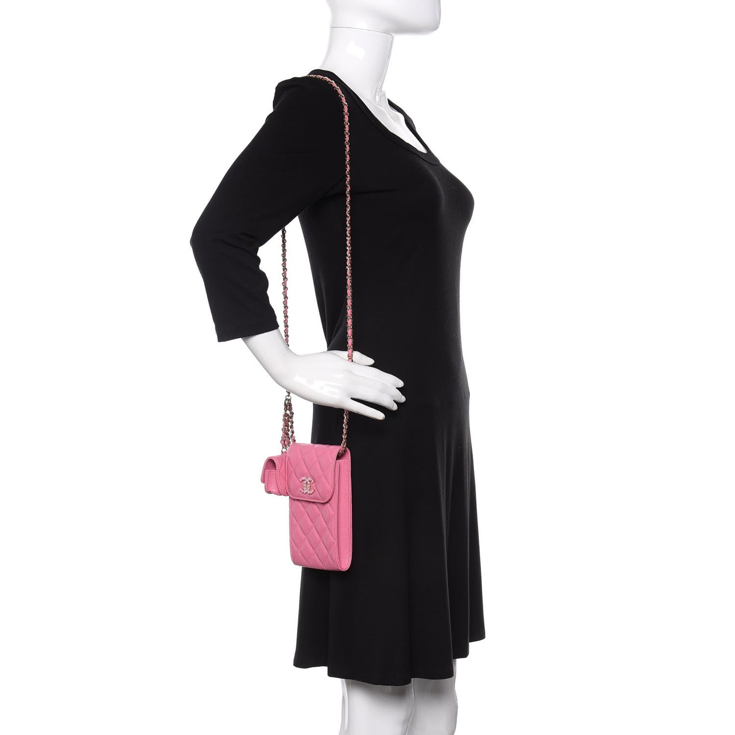 Caviar Quilted Crystal CC Airpods Pro and Phone Case With Chain Pink