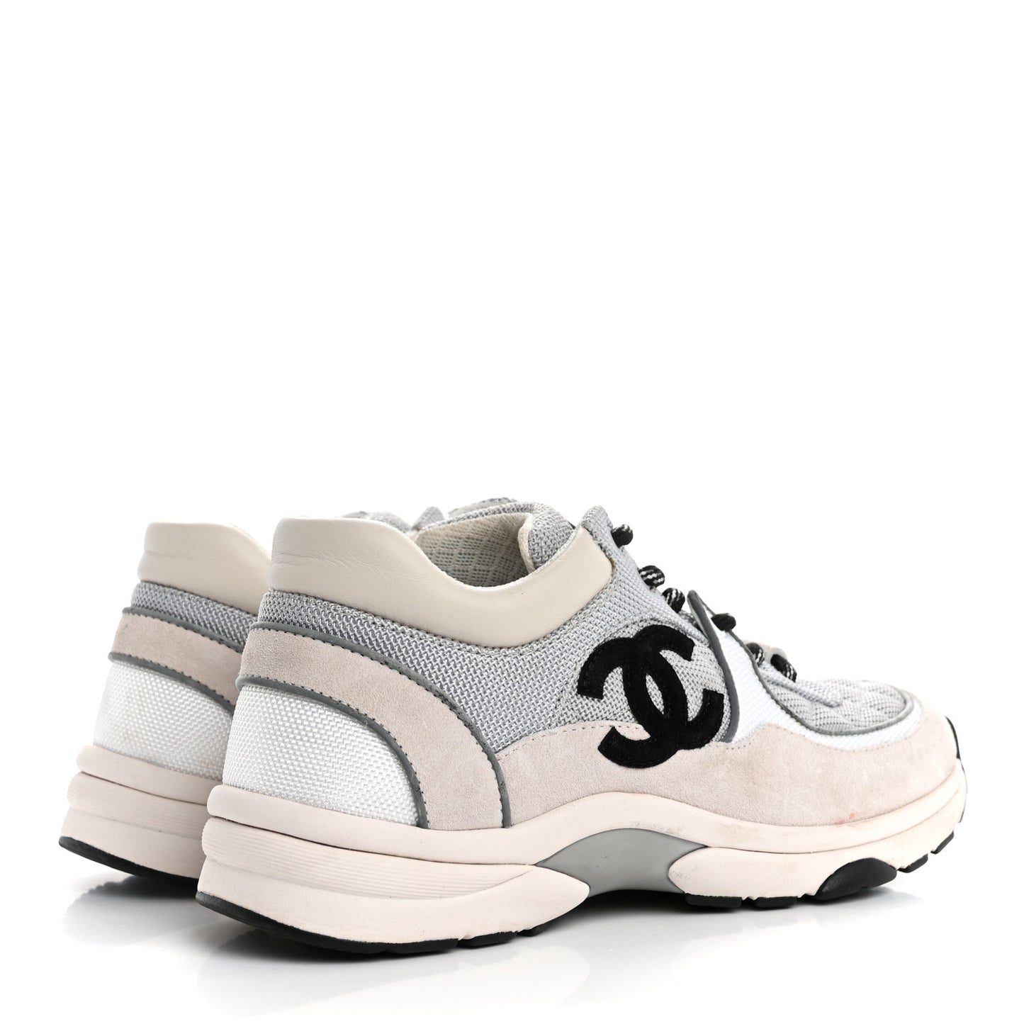 Mesh Suede Calfskin Grained Calfskin Womens CC Sneakers 38 Grey White