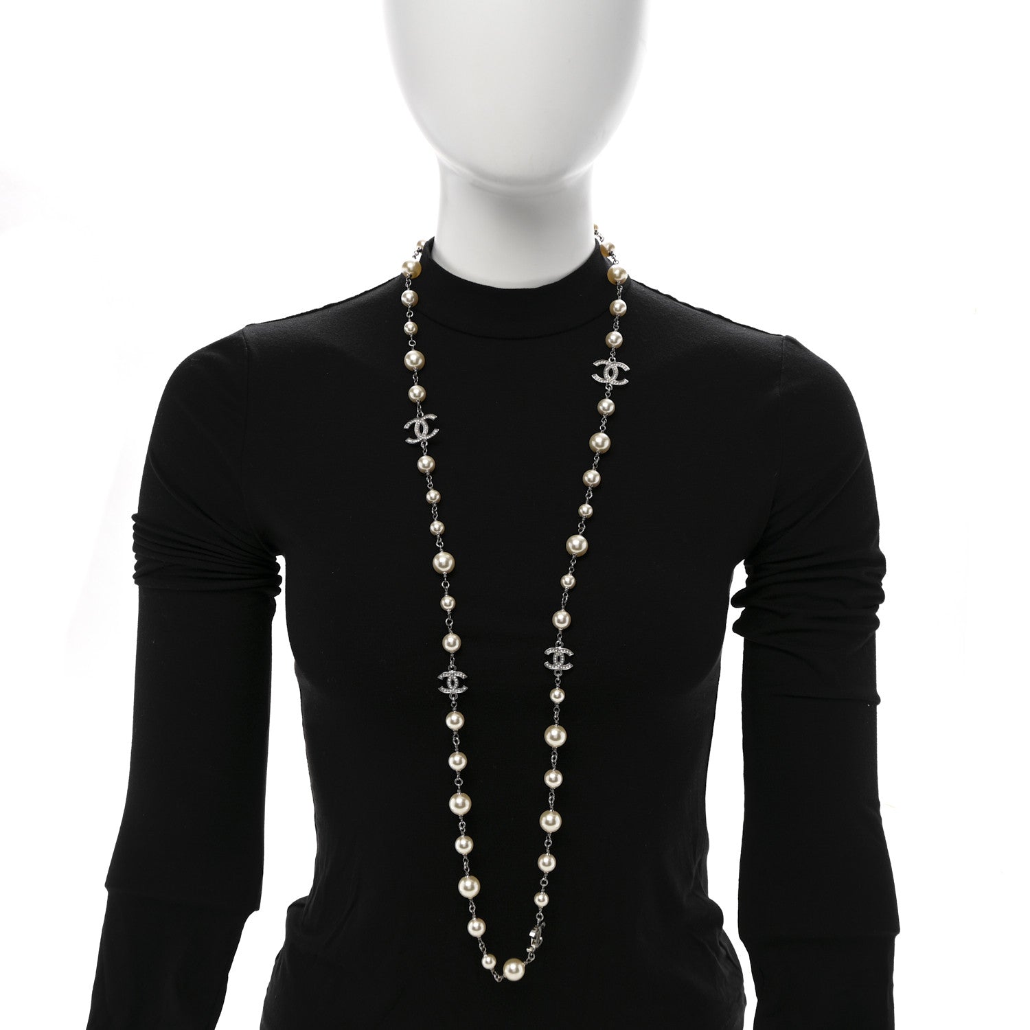 Chanel Crystal Pearl CC Long Necklace Silver 2 of 6