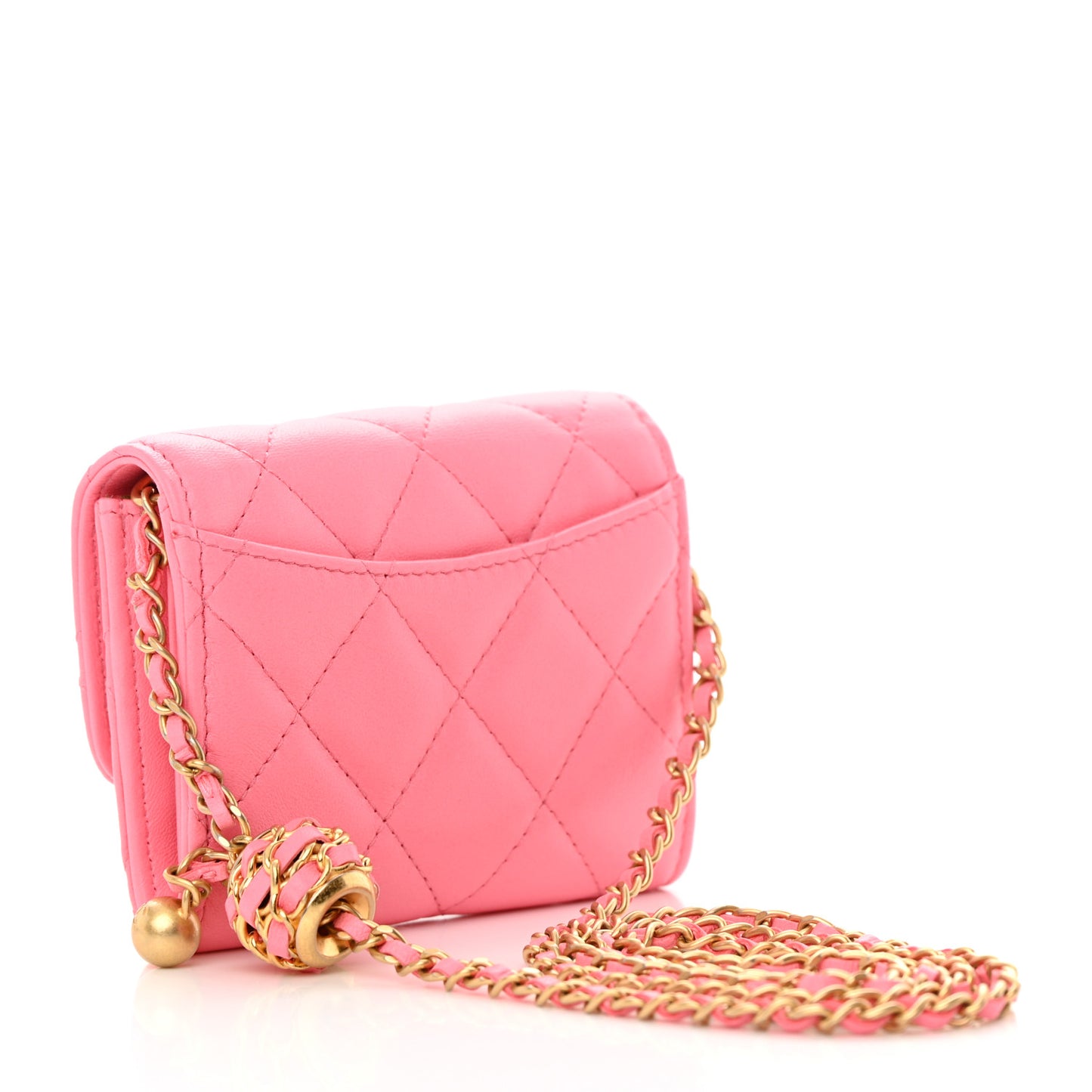Lambskin Quilted Pearl Crush Card Holder With Chain Pink