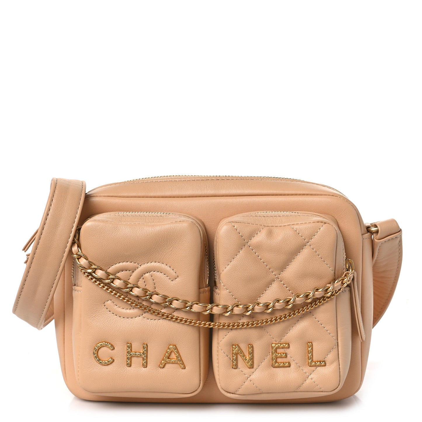 Calfskin Quilted Small Camera Case Beige